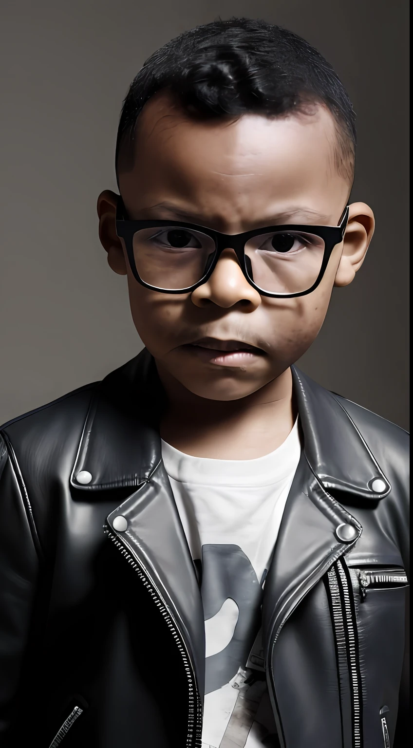 guttonerdjul23, portrait of a a 3  boy, glasses, (((detailed skin face))), expression wrinkles, raw beige leather jacket, white T-shirt without print, stiff countenance. Ultra detailed scene, dslr camera with 50mm Lens, soft studio lighting, ((vignette))