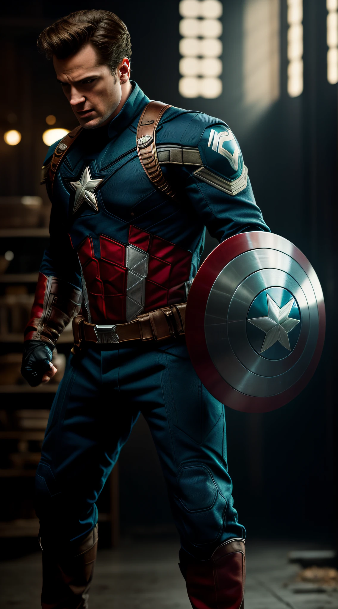 .estilo Tarantino, Captain America 8k, highes definition, rosto detalhado, rosto detalhado, olhos detalhados, traje detalhado, estilo marvel e dc, Hyper-realistic Gesaffelstein's chase style, fotorrealista, cinematic lighthing, atmosfera escura , volumeric lighting, Action Pose, epic scene, muitos detalhes finos, estilo de filme, fotografia, texturas naturais, luz natural, desfoque natural, fotorrealismo, cinematic render, ray tracing, max quality, maximum detail, cinemactic, Efeito de desfoque, Long exposure , 8K, Ultra-HD, natural lightting, Moody Lighting, cinematic lighthing, hiper-realista, vibrante, 8k, detalhado, ultradetalhe,
