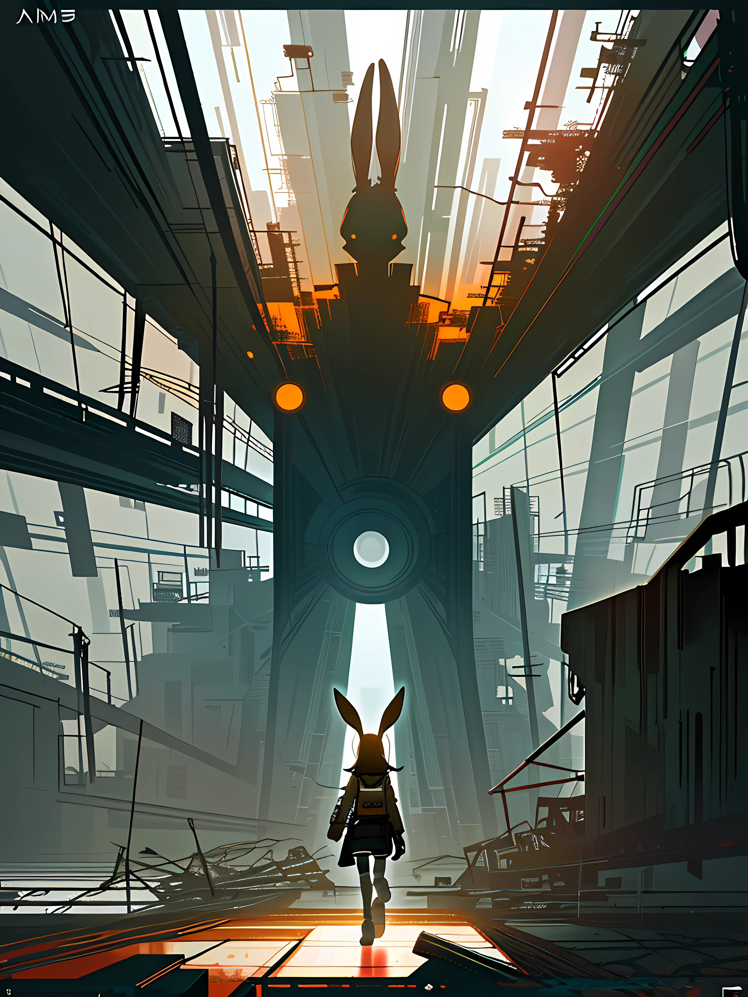 (blame! style abandoned tech landscape), (Zen, Amy Sol style), (underground, dark, foggy, perilous, abandoned dystopian apartment bedroom, deep windows), (abstract anthro rabbit figure wearing bunny ears), cover art with light abstraction, abstract, simple vector art, contemporary Cybernetic art, color gradients, soft color palettes, layered forms, whimsical animation, style Ethereal abstract, 4K, --v6