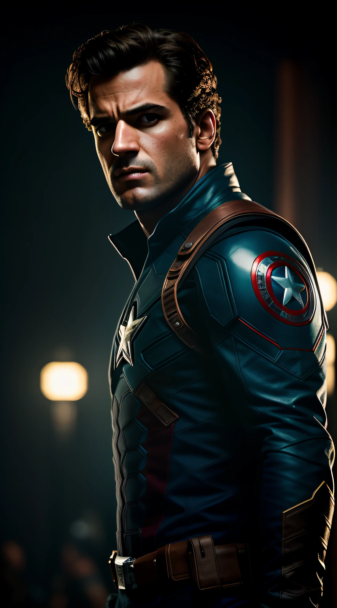 .estilo Tarantino, Captain America 8k, highes definition, rosto detalhado, rosto detalhado, olhos detalhados, traje detalhado, estilo marvel e dc, Hyper-realistic Gesaffelstein's chase style, fotorrealista, cinematic lighthing, atmosfera escura , volumeric lighting, Action Pose, epic scene, muitos detalhes finos, estilo de filme, fotografia, texturas naturais, luz natural, desfoque natural, fotorrealismo, cinematic render, ray tracing, max quality, maximum detail, cinemactic, Efeito de desfoque, Long exposure , 8K, Ultra-HD, natural lightting, Moody Lighting, cinematic lighthing, hiper-realista, vibrante, 8k, detalhado, ultradetalhe,