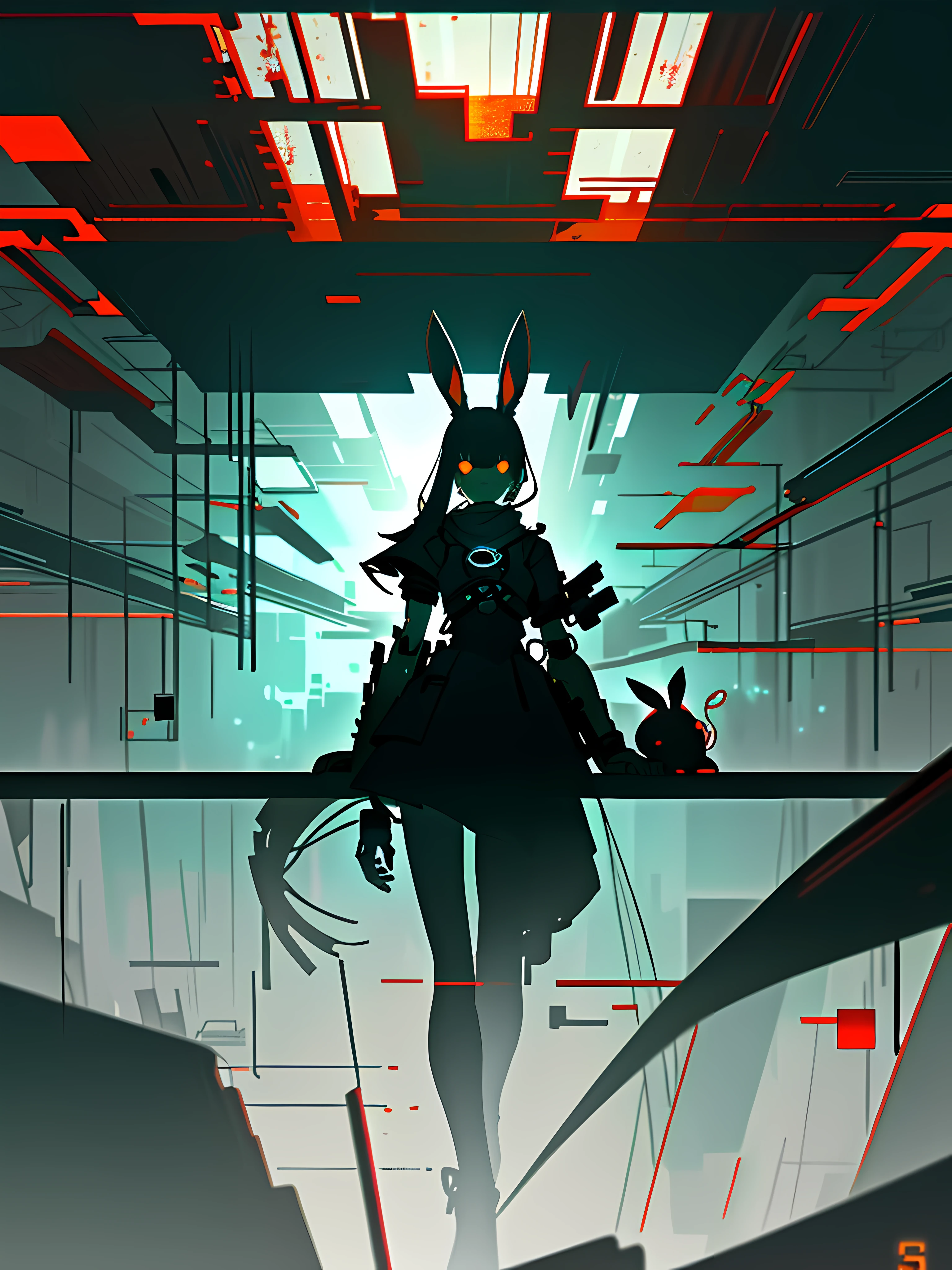 (blame! style abandoned tech landscape), (Zen, Amy Sol style), (underground, dark, foggy, perilous, abandoned dystopian apartment bedroom, deep windows), (abstract anthro rabbit figure wearing bunny ears), cover art with light abstraction, abstract, simple vector art, contemporary Cybernetic art, color gradients, soft color palettes, layered forms, whimsical animation, style Ethereal abstract, 4K, --v6