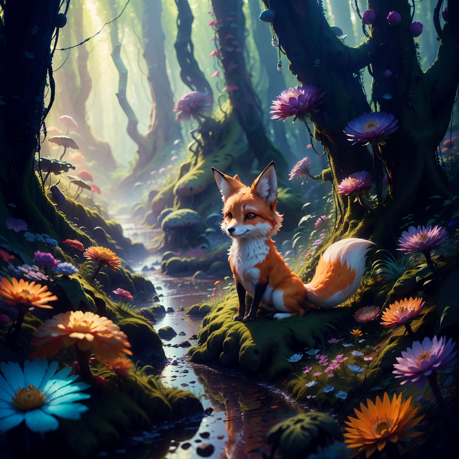 (((obra-prima))), melhor qualidade, A cute fox in a magical enchanted forest full of fairies and gnomes, cabelo de raposa exuberante, floresta exuberante, luz dappled, profundidade de campo, Magical Glow. (Translation: "masterpiece, best quality, a cute fox in a magical enchanted forest full of fairies and gnomes, lush fox fur, lush forest, dappled light, depth of field, magical glow")