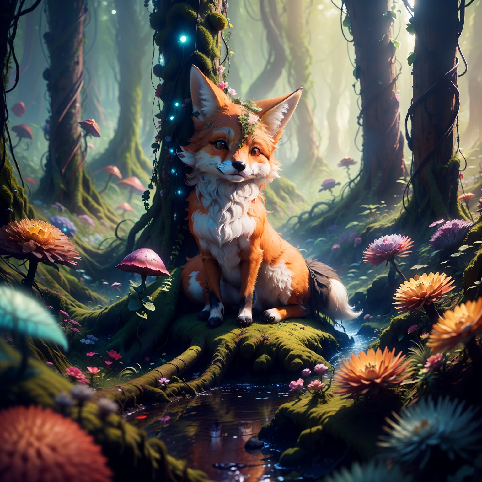 (((obra-prima))), melhor qualidade, A cute fox in a magical enchanted forest full of fairies and gnomes, cabelo de raposa exuberante, floresta exuberante, luz dappled, profundidade de campo, Magical Glow. (Translation: "masterpiece, best quality, a cute fox in a magical enchanted forest full of fairies and gnomes, lush fox fur, lush forest, dappled light, depth of field, magical glow")
