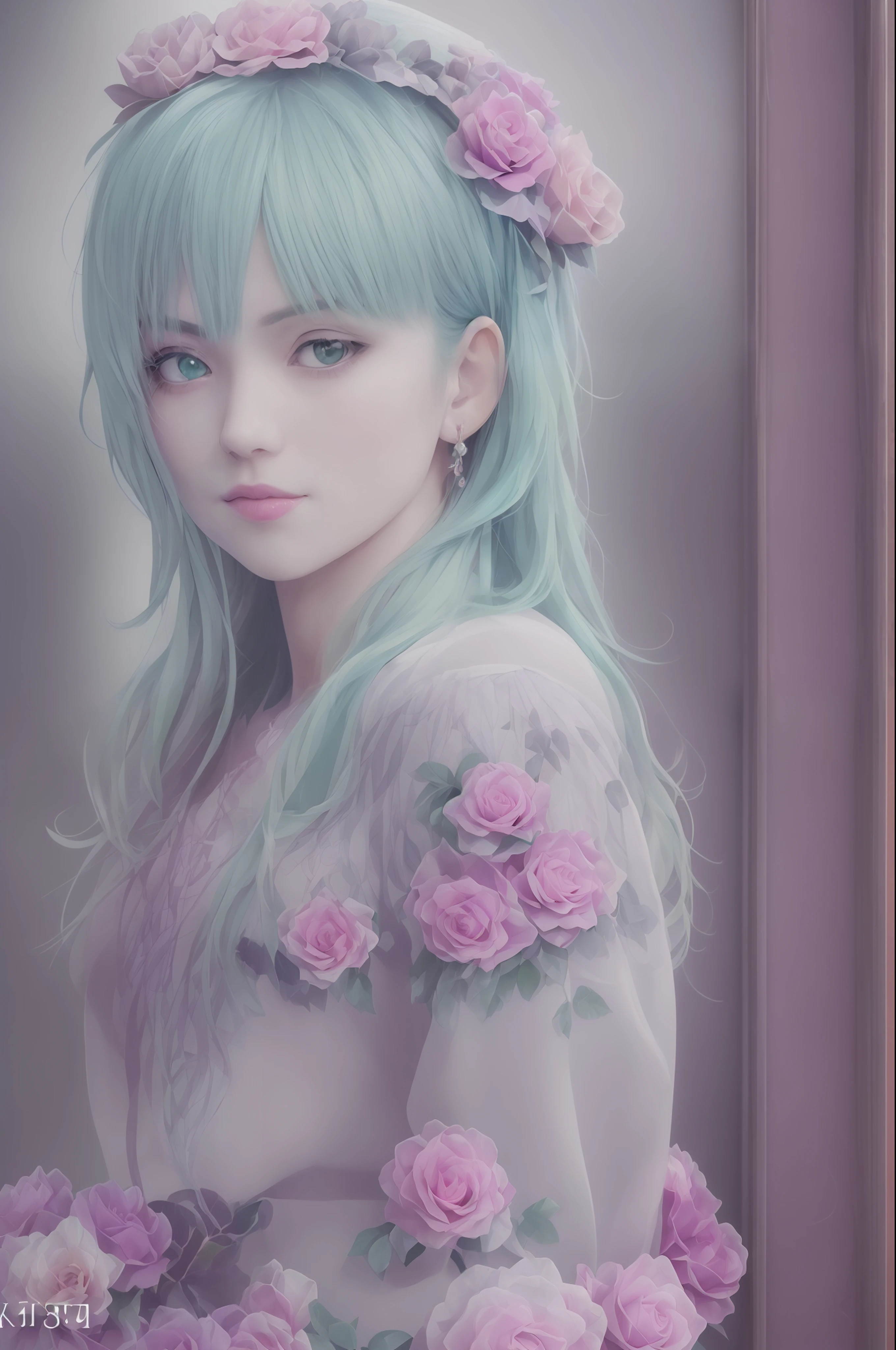 Photographic portrait of beautiful women, Sony α7, 35mm Lens, f1.8、((Konmutsuki_gacha_series1, punk_rosette))), cute girl, aqua color flowers, (full body), elegant flowers background, realistic photo, beautiful woman, Beautiful girl, beautiful background, charming girls, realistic 3d style, photo realistic render