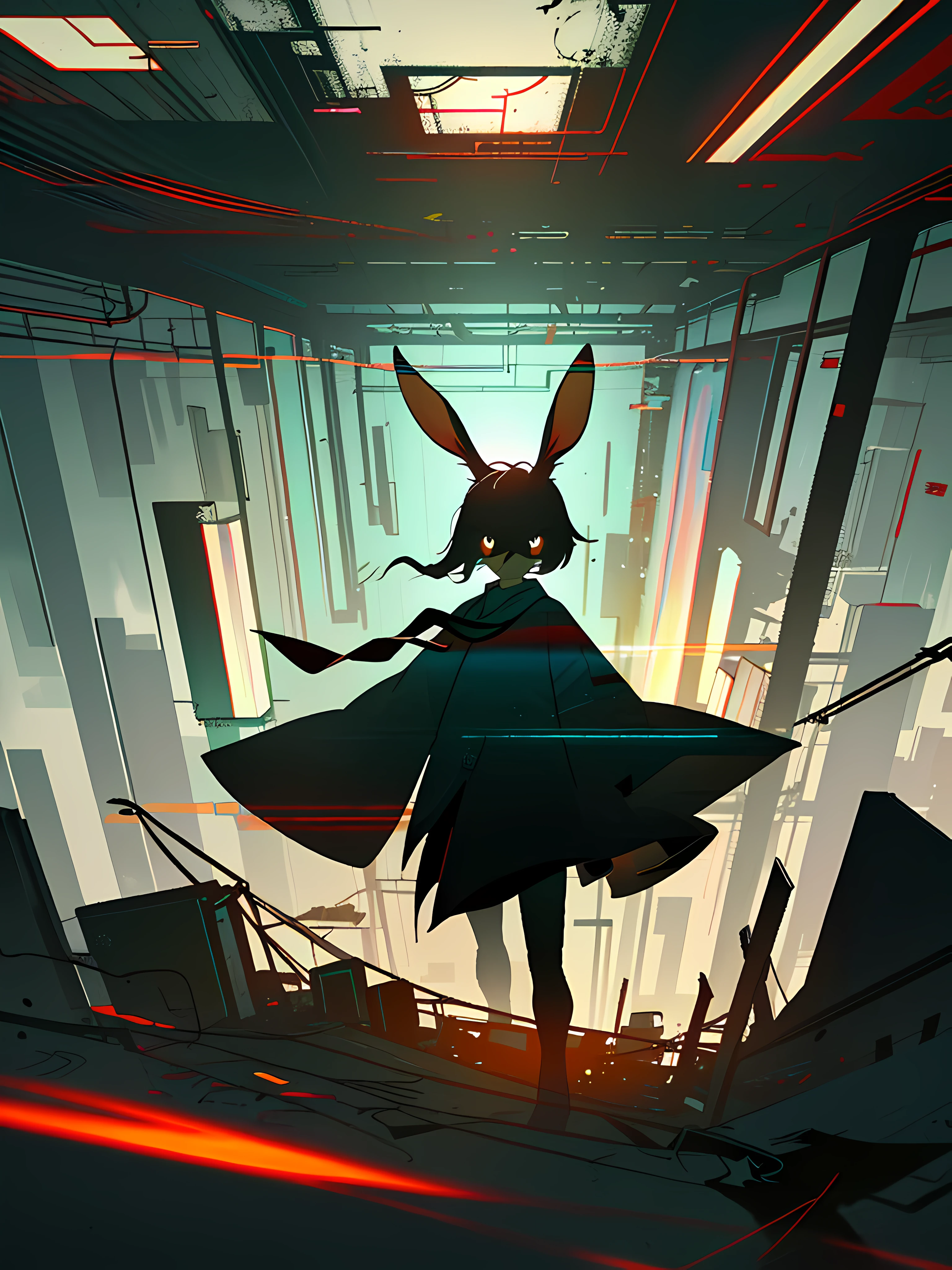 (blame! style abandoned tech landscape), (Zen, Amy Sol style), (underground, dark, foggy, perilous, abandoned dystopian apartment bedroom, deep windows), (abstract anthro rabbit figure wearing bunny ears), cover art with light abstraction, abstract, simple vector art, contemporary Cybernetic art, color gradients, soft color palettes, layered forms, whimsical animation, style Ethereal abstract, 4K, --v6