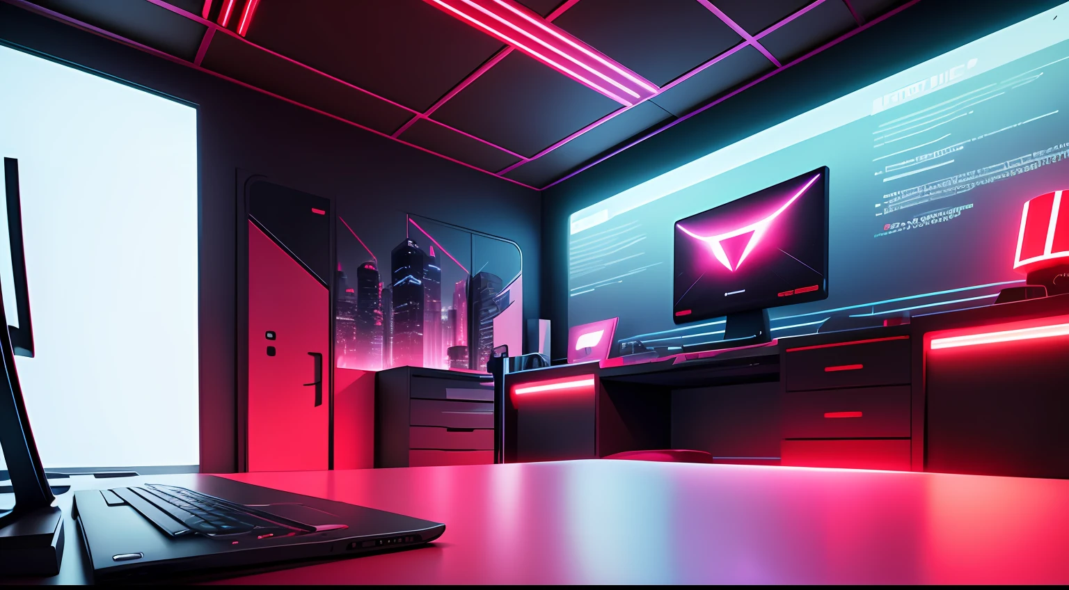 futuristic backdrop, websites e computador, advertising agency, estilo futurista, fundo de neon vermelho, tema vermelho, renderizado em um vibrante, estilo multiplataforma, with a focus on the desktop, celular, notebook e gabinete --auto