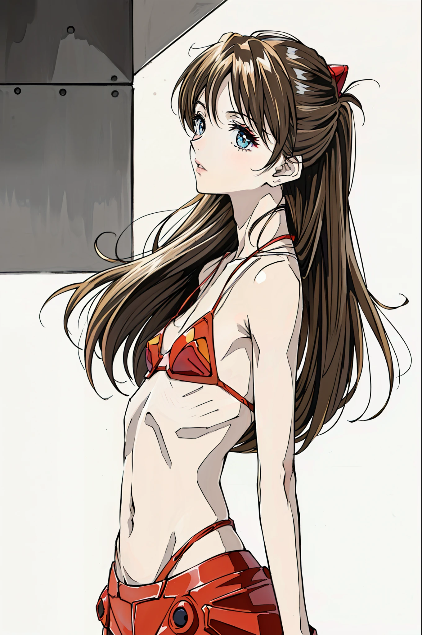 foto de retrato de ((very skinny Asuka Langley 20 years and 40 kilograms)), (( foto de cuerpo entero)), (((Beautiful Asuka Langley very anorexic))), ((muy flaco en bikini)), (((huesos y costillas visibles) ))) , ((small flat breasts)), ((very small waist)), ((piernas delgadas)), ((Cara hermosa)), ((Vista de perfil de cuerpo completo)), (((concave abdomen))), ((El cuerpo de Asuka Langley muy muy delgado)), (((fondo blanco))). ((Cabello en el viento)). (((mejor calidad))), ((Estilo evangelion)), ((costillas visibles)). ((Asuka Langley muy desnutrida en los huesos)).