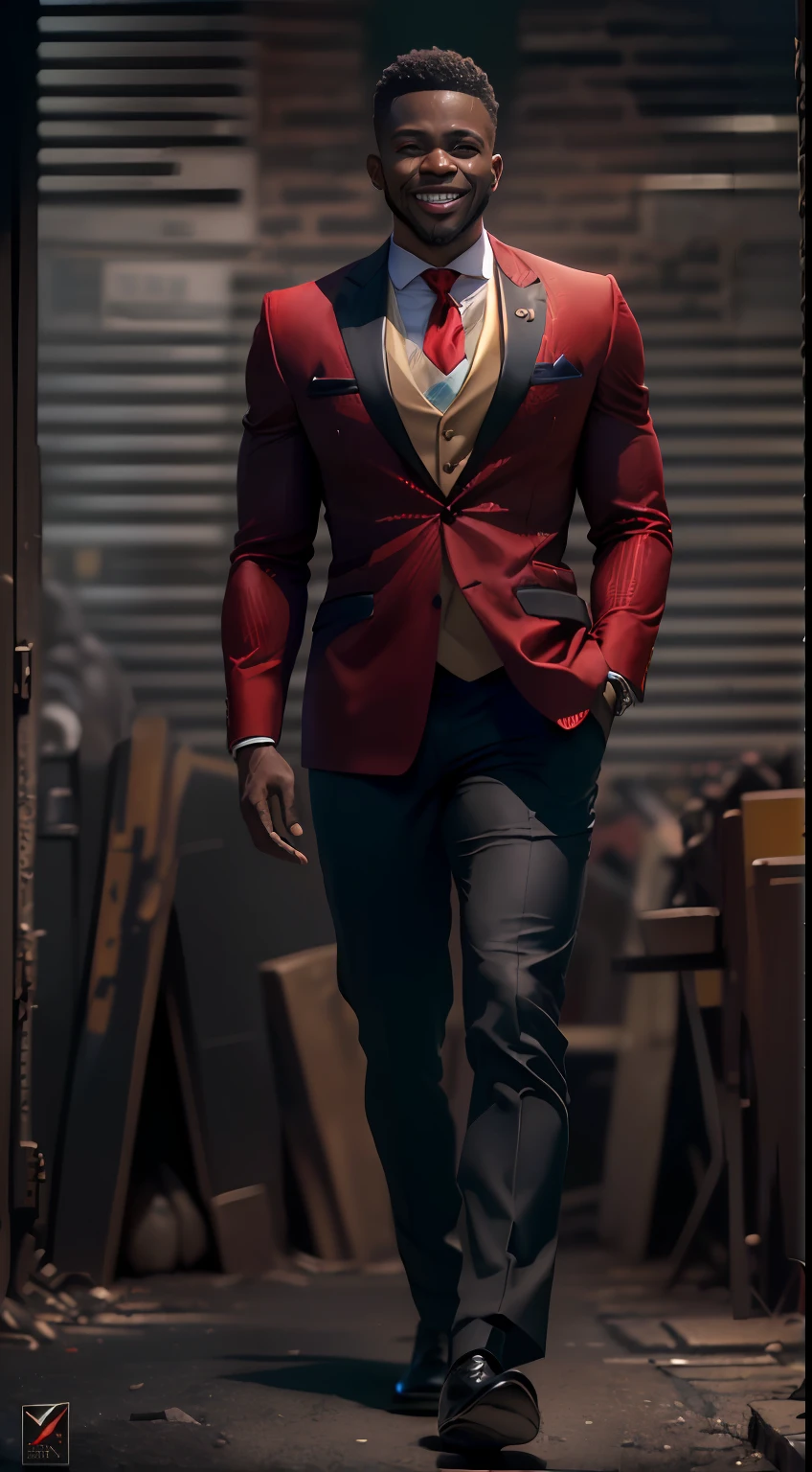 (Character: one Nigerian man, Diplomat, big smile, black hair)
(Clothing: red fine suit, vest)
(Pose: full body shoot, full body pose)
(Scene: blurry, dark alley, noir scene)
(best quality, masterpiece, Award-winning photography,Ultra realistic,Ultra-detailed,Textural effects,Absurdres,HDR,Intricate details)
