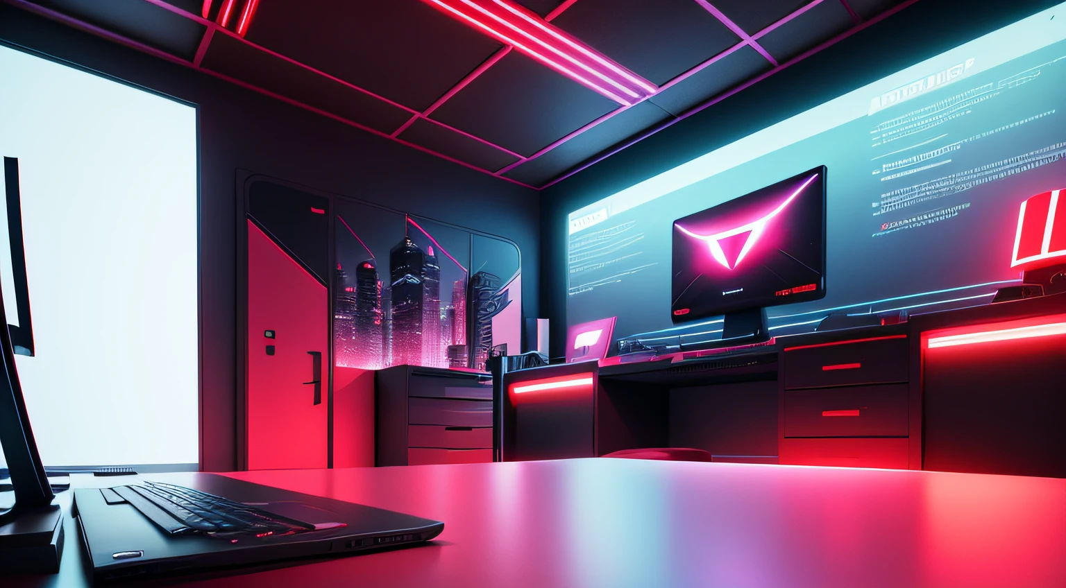 futuristic backdrop, websites e computador, advertising agency, estilo futurista, fundo de neon vermelho, tema vermelho, renderizado em um vibrante, estilo multiplataforma, with a focus on the desktop, celular, notebook e gabinete --auto