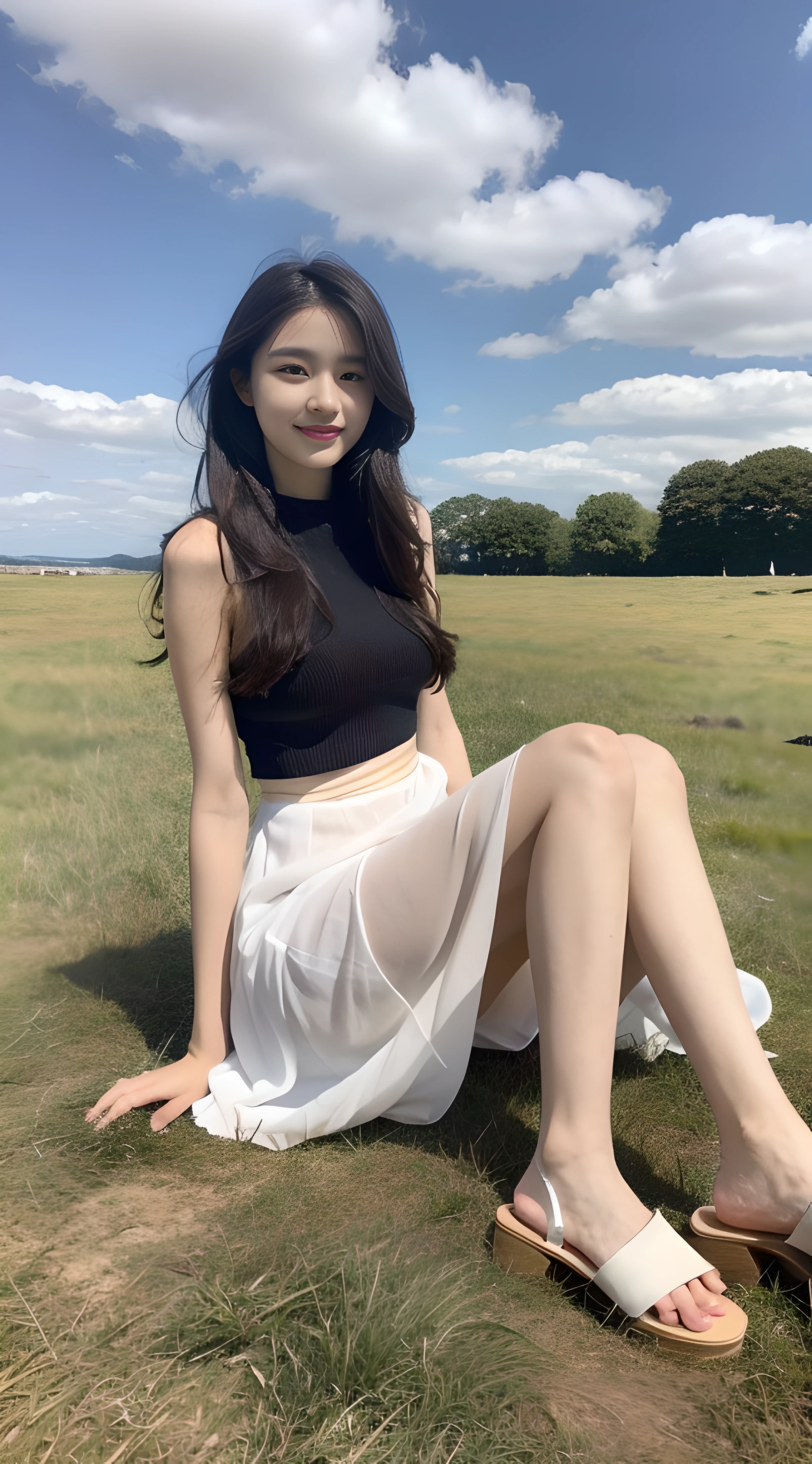a young, Beautiful cute girl,Full body photo,Extremely beautiful and delicate,Black color hair,A sweet smile,Delicate and beautiful fair skin,Realistic and realistic,exquisite and complete facial features,Detailed depiction of the face,tall nose bridge,Smooth hair,extremely detail hair,Feminine temperament,Fill your face light,Tall and tall,Thin,Realiy,Hyper-realism,Platform sandals,full body shot shot,Forward tilt angle,Extreme picture quality,Highest precision,Precise and perfect human anatomy。with blue sky and white clouds,Sitting on the Steppe,with blue sky and white clouds,rays of sunshine,Cows, sheeps, (White chiffon skirt)Panties are clearly visible. (telephoto shot,)Express the landscape,Highlight portrait。Delicate fingers