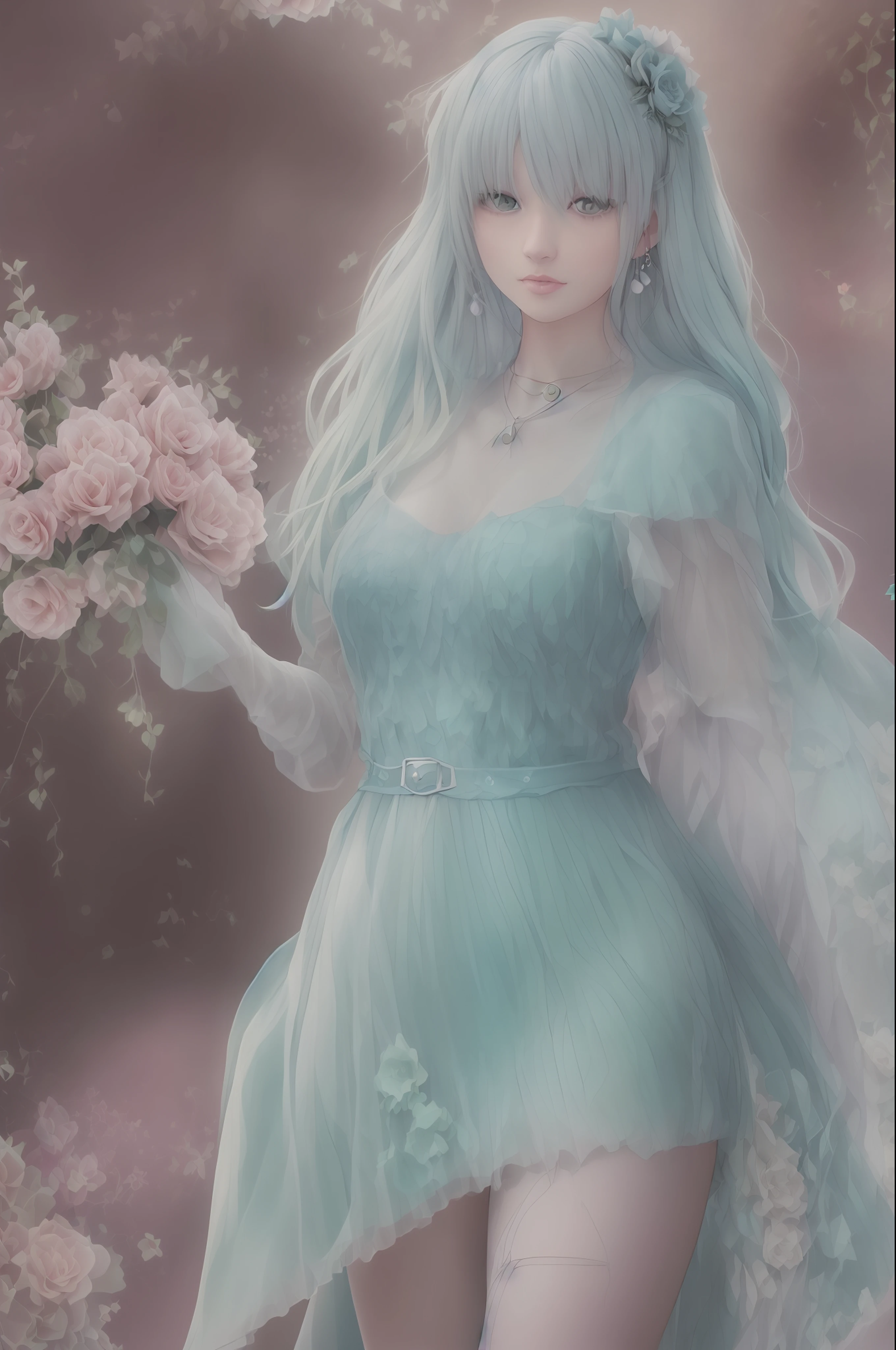 Photographic art of beautiful women, Sony α7, 35mm Lens, f1.8、((Konmutsuki_gacha_series1, punk_rosette))), cute girl, aqua color flowers, (full body), elegant flowers background, realistic photo, beautiful woman, Beautiful girl, beautiful background, charming girls, realistic 3d style, photo realistic render