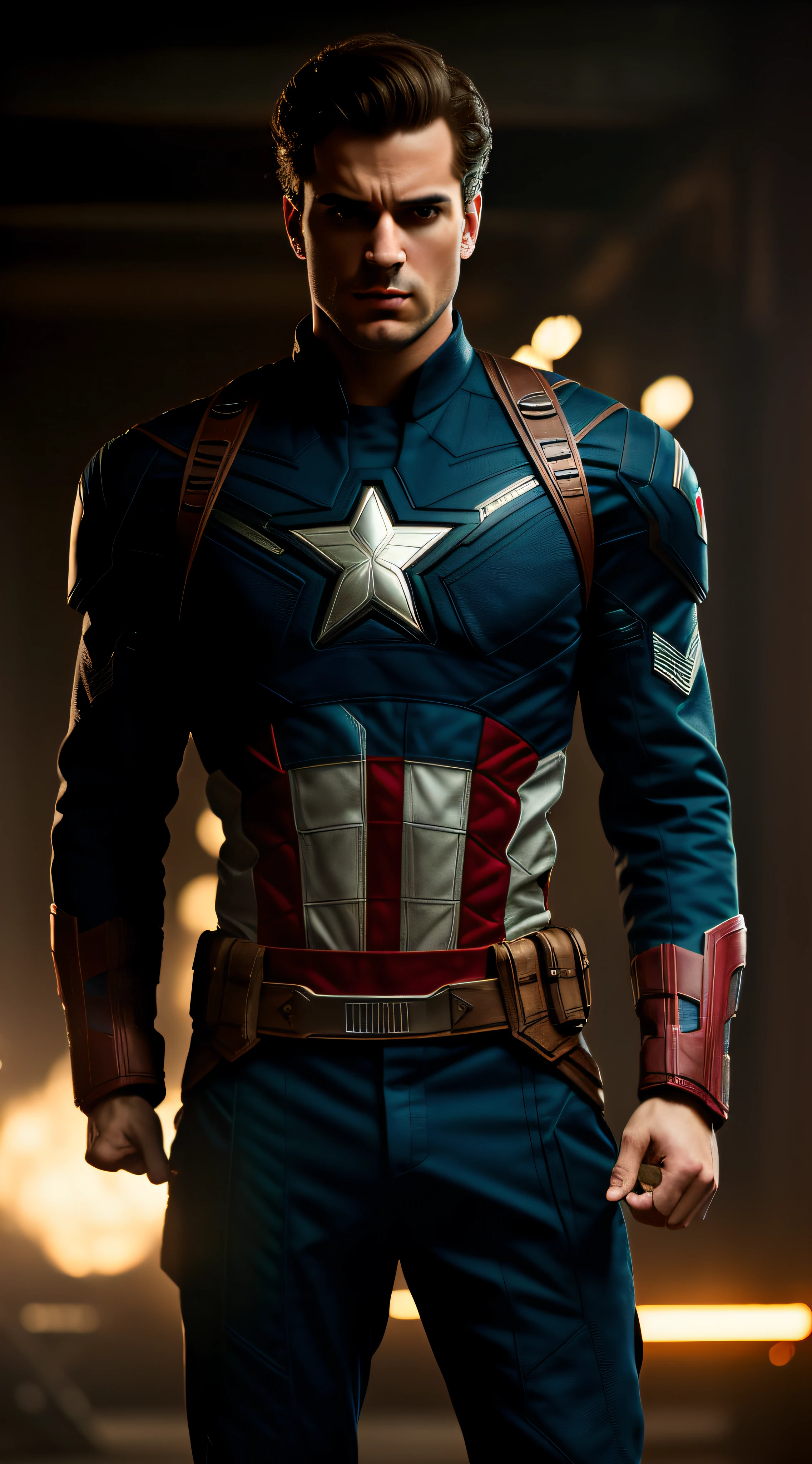 .estilo Tarantino, Captain America 8k, highes definition, rosto detalhado, rosto detalhado, olhos detalhados, traje detalhado, estilo marvel e dc, Hyper-realistic Gesaffelstein's chase style, fotorrealista, cinematic lighthing, atmosfera escura , volumeric lighting, Action Pose, epic scene, muitos detalhes finos, estilo de filme, fotografia, texturas naturais, luz natural, desfoque natural, fotorrealismo, cinematic render, ray tracing, max quality, maximum detail, cinemactic, Efeito de desfoque, Long exposure , 8K, Ultra-HD, natural lightting, Moody Lighting, cinematic lighthing, hiper-realista, vibrante, 8k, detalhado, ultradetalhe,
