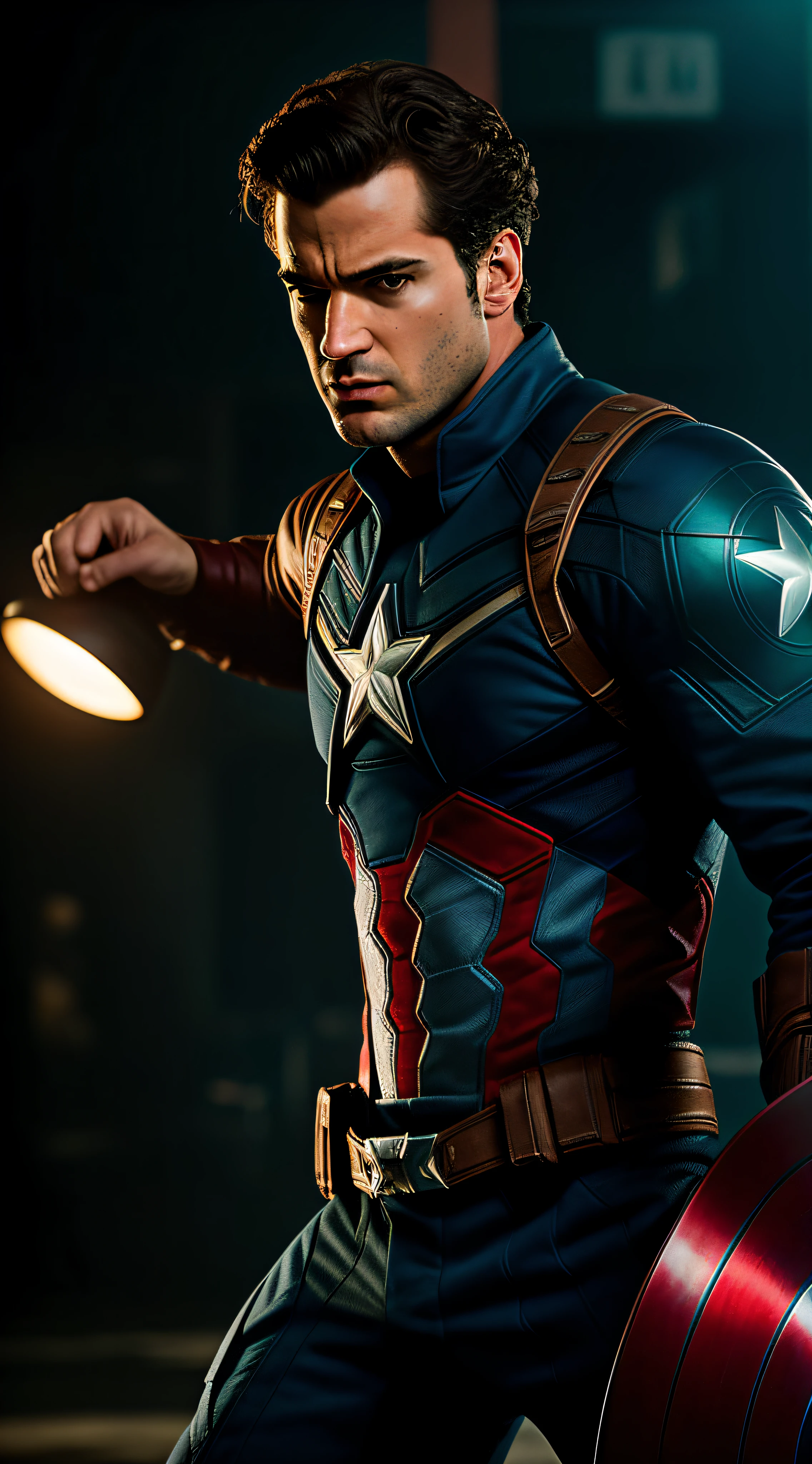 .estilo Tarantino, Captain America 8k, highes definition, rosto detalhado, rosto detalhado, olhos detalhados, traje detalhado, estilo marvel e dc, Hyper-realistic Gesaffelstein's chase style, fotorrealista, cinematic lighthing, atmosfera escura , volumeric lighting, Action Pose, epic scene, muitos detalhes finos, estilo de filme, fotografia, texturas naturais, luz natural, desfoque natural, fotorrealismo, cinematic render, ray tracing, max quality, maximum detail, cinemactic, Efeito de desfoque, Long exposure , 8K, Ultra-HD, natural lightting, Moody Lighting, cinematic lighthing, hiper-realista, vibrante, 8k, detalhado, ultradetalhe,