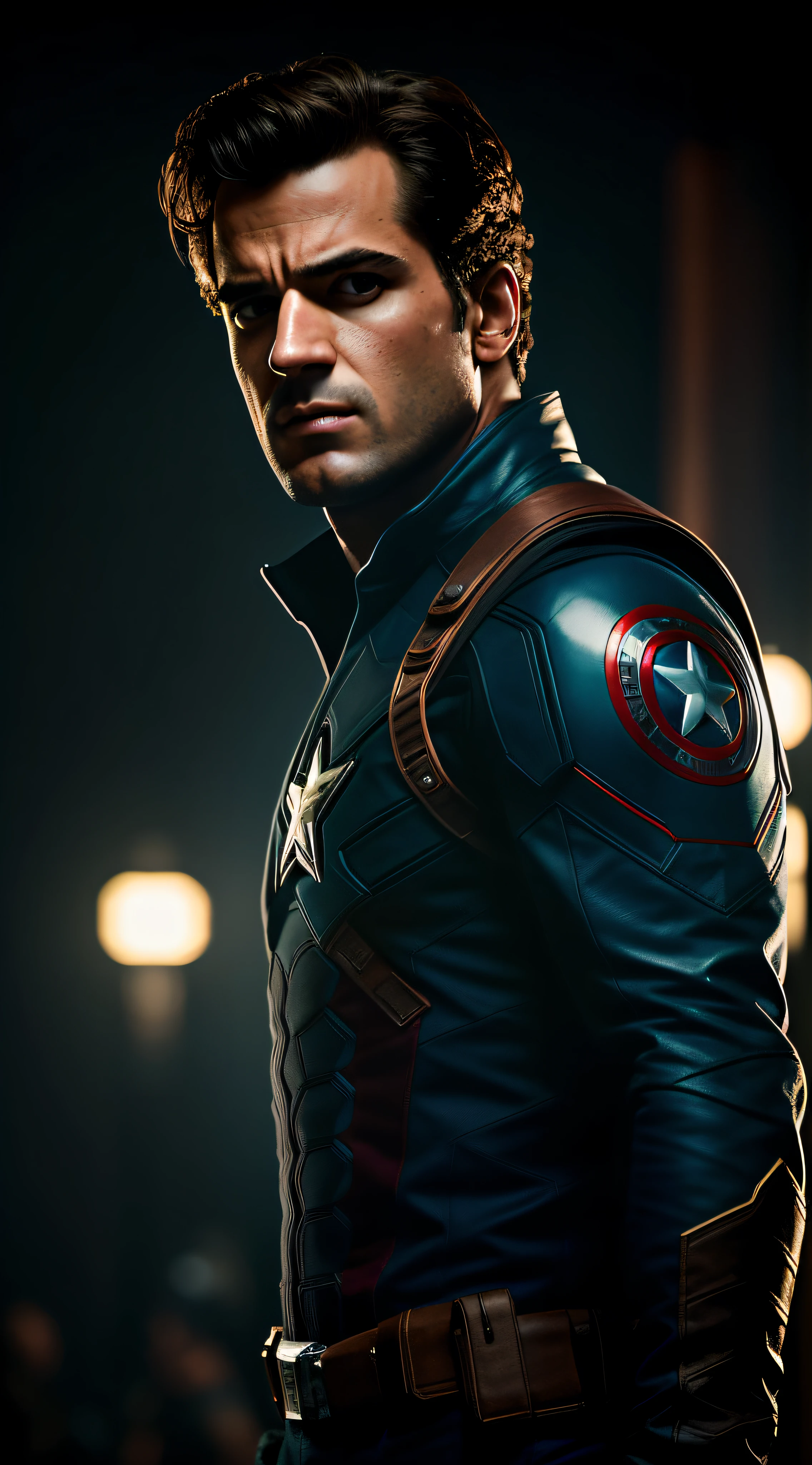 .estilo Tarantino, Captain America 8k, highes definition, rosto detalhado, rosto detalhado, olhos detalhados, traje detalhado, estilo marvel e dc, Hyper-realistic Gesaffelstein's chase style, fotorrealista, cinematic lighthing, atmosfera escura , volumeric lighting, Action Pose, epic scene, muitos detalhes finos, estilo de filme, fotografia, texturas naturais, luz natural, desfoque natural, fotorrealismo, cinematic render, ray tracing, max quality, maximum detail, cinemactic, Efeito de desfoque, Long exposure , 8K, Ultra-HD, natural lightting, Moody Lighting, cinematic lighthing, hiper-realista, vibrante, 8k, detalhado, ultradetalhe,