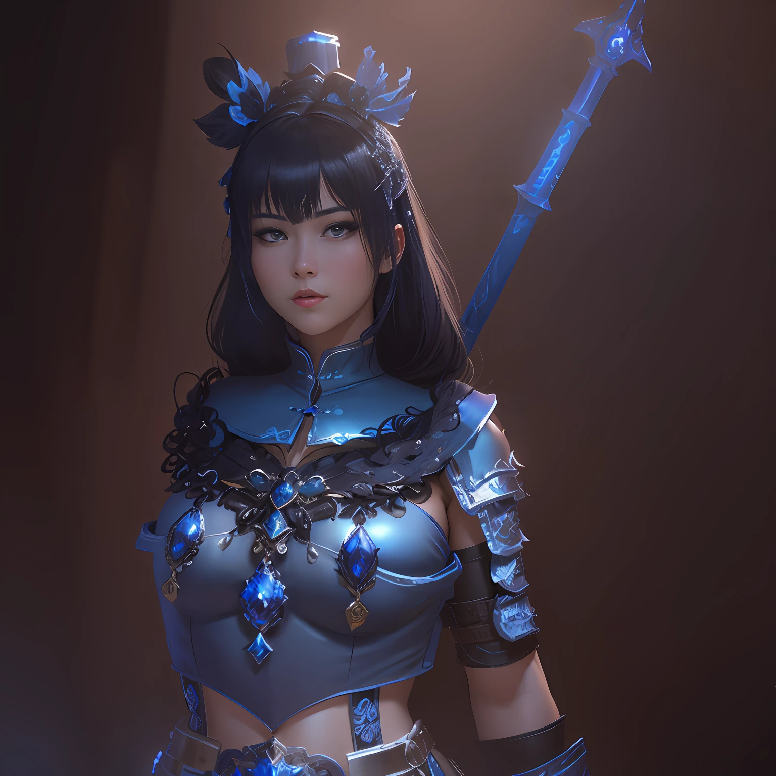 there is a woman in a blue dress with a sword, wearing ornate armor, wearing fantasy armor, wearing shiny breastplate, ornate korean polearm behind her, wearing imperial gear, pretty female cleric, fantasy outfit, wearing an ornate outfit, scandelous fantasy armor, blue and ice silver color armor, final fantasy 14 style, inspired by Leng Mei