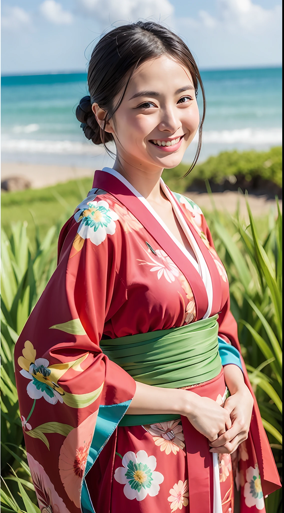 beautiful japanese female、Vivid kimono、top-quality、masterpiece、超A high resolution、Photorealsitic、Look at the horizon、A smile、Blurred background