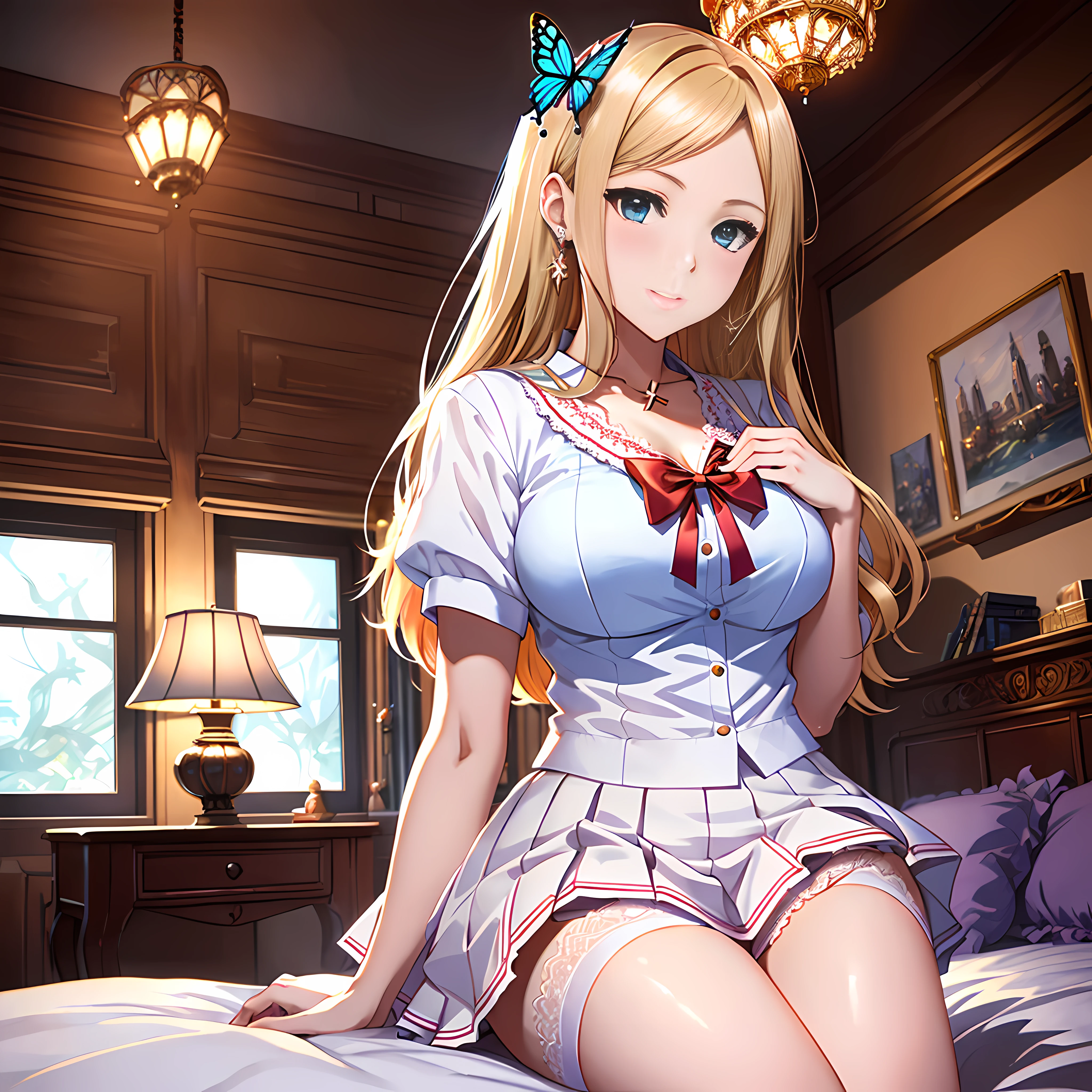 In her room, the open window curtain overlooking the park, a chandelier on the ceiling, bed in the back with pink sheets, sitting cross-legged on a fine wooden chair, a schoolgirl of European origin, 20 years old, sexi, flirtatious look, lustful pose, blonde with blue eyes, big chest, beautiful gradient, Full body, Beautiful anime style girl, clean detailed facesKawaii, anime girl, dynamic pose, (school uniform: white V-neck blouse with lace and neckline, red scarlet mini-skirt with pleats and butterfly patterns, white knee-high stockings with diamond patterns, orange bow,), massive chest, full body, Uhd digital painting, hyperdetailed triadic colors, unreal engine, fantastical, intricate detail, complementary colors, concept art based on the art of Range Murata, 8k resolution, deviantart masterpiece, oil painting, heavy strokes, dynamic light source