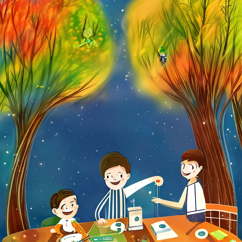 colorful,  illustration,2d illustration, abstract,3 boy working in office, tree,desk,computer,clear backgroud, The father let his child sit on his shoulder, laughing said happily, 2 father and son are in the clouds and the birds