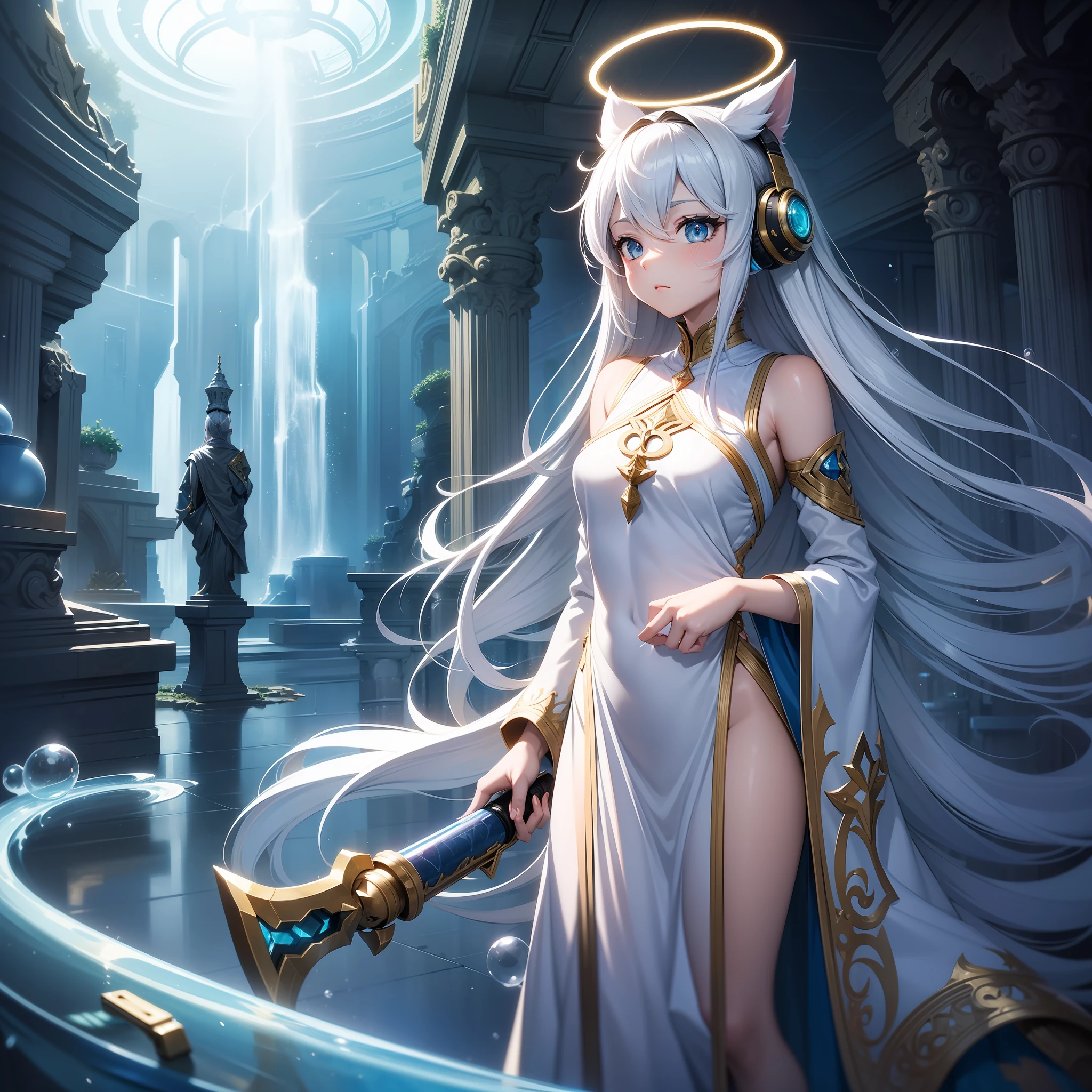 (masterpiece, best quality), intricate details, 1girl, pointy long animal ears, tail, bubbles, soapy bubles, prisms, lighting effect, floating halo glowing over her head, godly, comfy clothes, modern outfit, in an abandoned room,hand in pocket, headphones, long hair, fantastic futuristic, fantasy, rpg, jrpg, game
