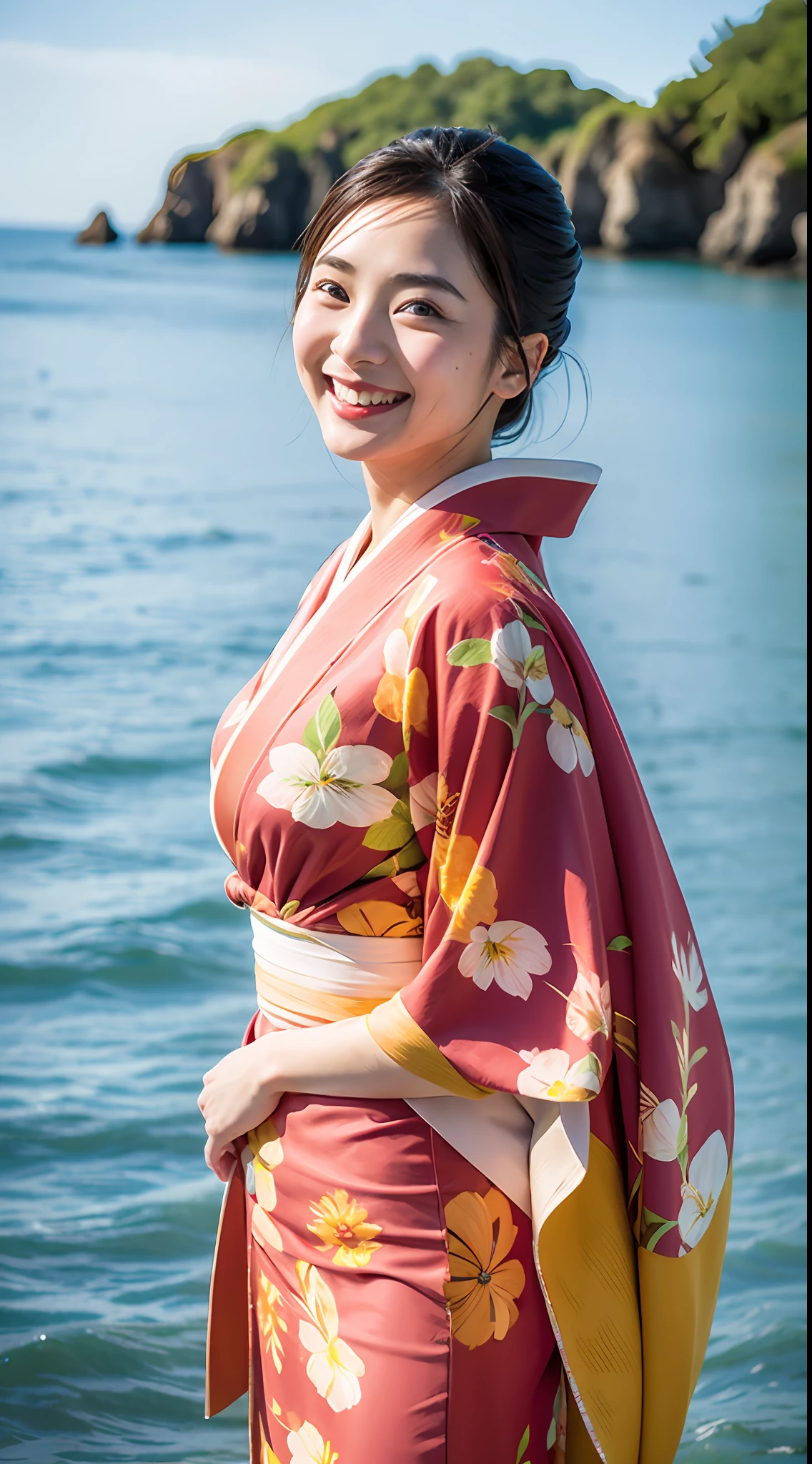 beautiful japanese female、Vivid kimono、top-quality、​masterpiece、超A high resolution、Photorealsitic、Look at the horizon、A smile、Blurred background