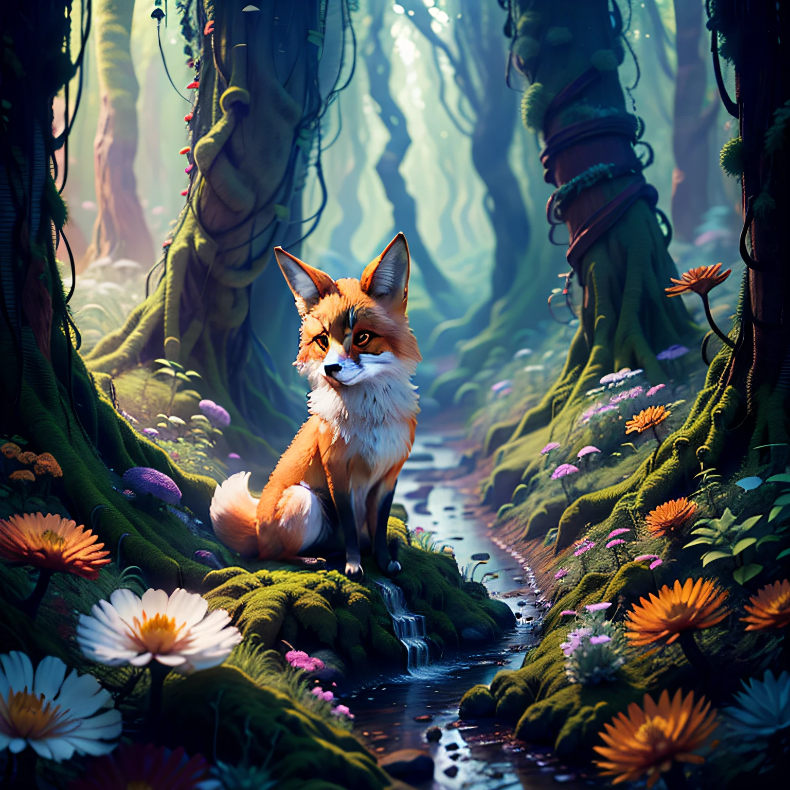 (((obra-prima))), melhor qualidade, A cute fox in a magical enchanted forest full of fairies and gnomes, cabelo de raposa exuberante, floresta exuberante, luz dappled, profundidade de campo, Magical Glow. (Translation: "masterpiece, best quality, a cute fox in a magical enchanted forest full of fairies and gnomes, lush fox fur, lush forest, dappled light, depth of field, magical glow")