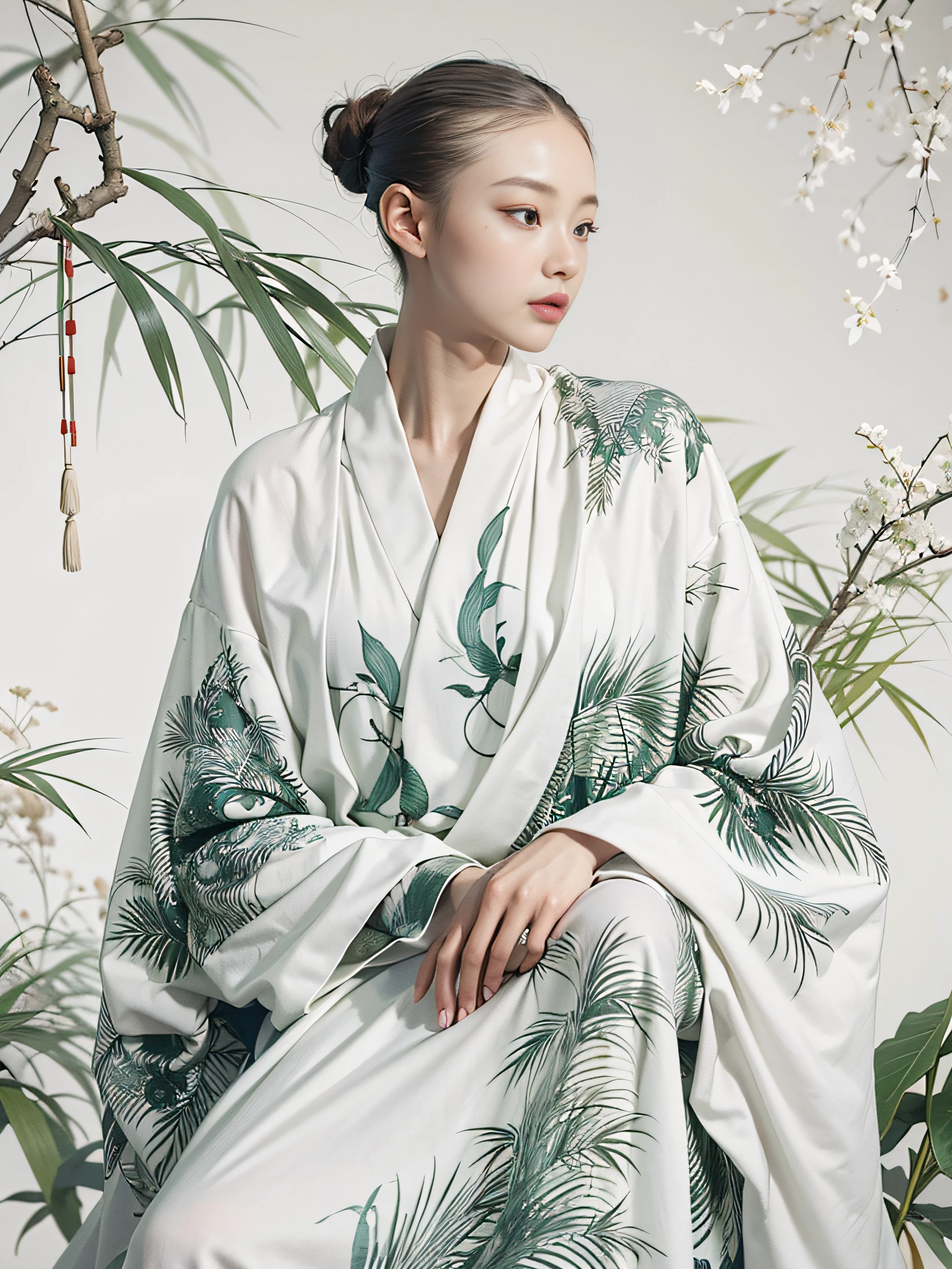 A modern fashion take on a Song Dynasty scholar, dressed in a minimalist, flowing robe with intricate ink painting motifs, with a tranquil, contemplating pose. The medium is Harper's Bazaar. Use an extra long shot to capture the surrounding scene filled with bamboos and white walls to enhance the Zen atmosphere. The artist is Erik Madigan Heck