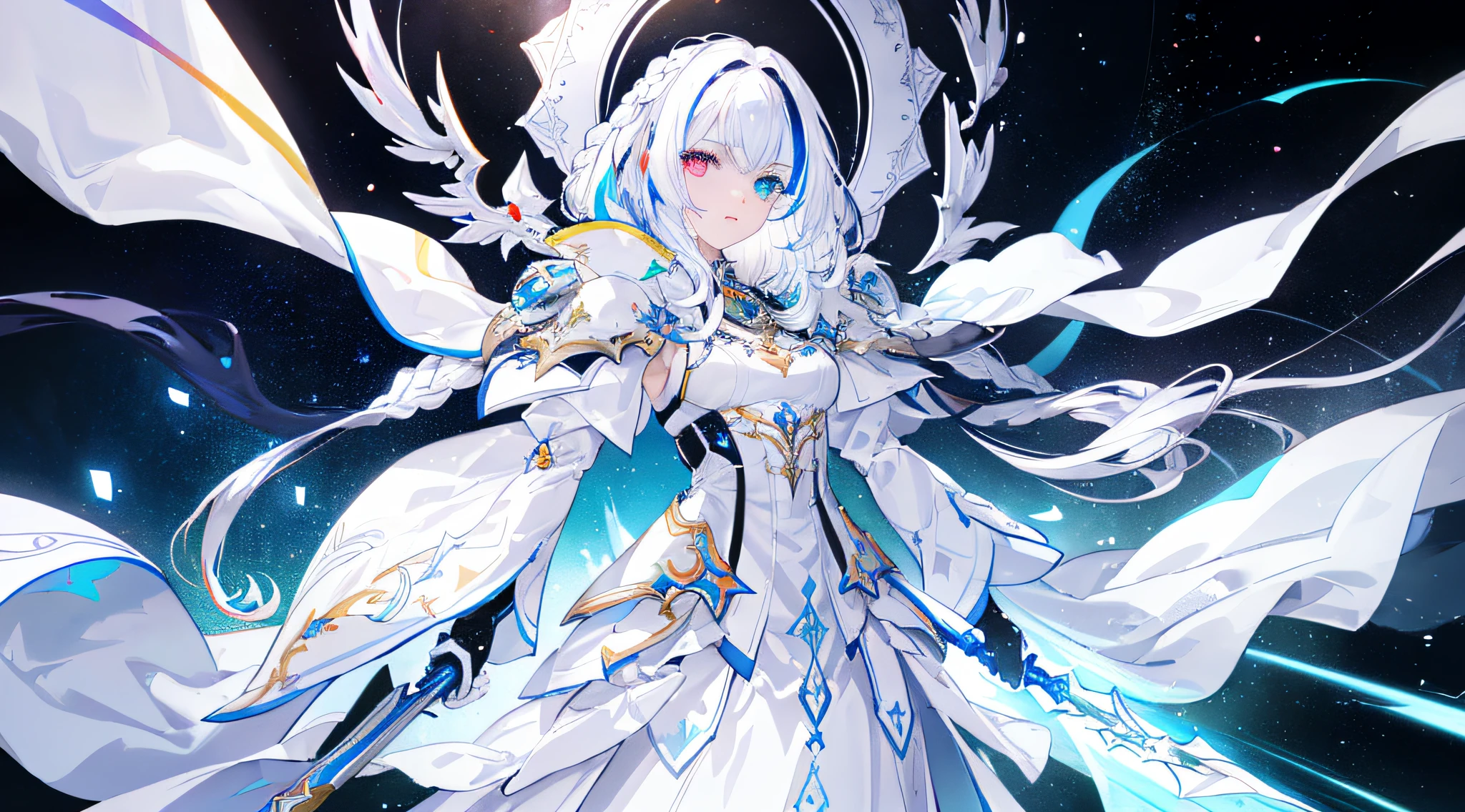 {a man wearing white armor with white cape fighting}}, {{masterpiece}}, best quality, extremely detailed CG unity 8k wallpaper, cinematic lighting, lens flare, beautiful detail eyes, full body, black, multicolor hair, colorful light particles, heterochromia, (colorful:1.5), (colorful hair:1.5),