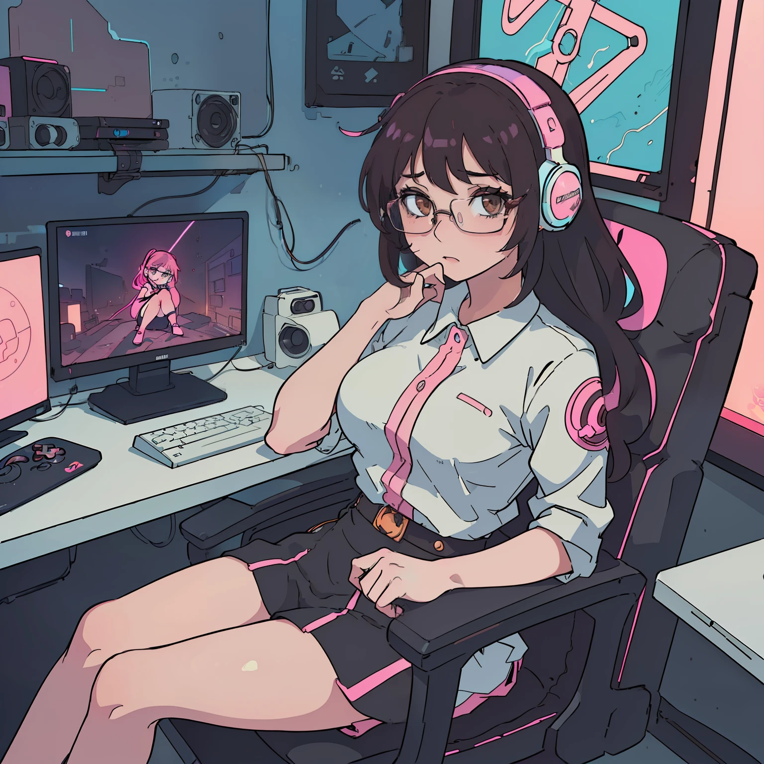 ultra hires, (masterpiece, top quality, best quality, official art, beautiful and aesthetic, raw photo:1.4),(high detailed skin:1.2),8k, 1girl,(anime girl), (sitting on the gaming chair) brown eyes, bound hair, narrow waist, dynamic angle, upperound glasses,gaming headphone, (gaming room), computer, big monitor, neon light, pink neon light,