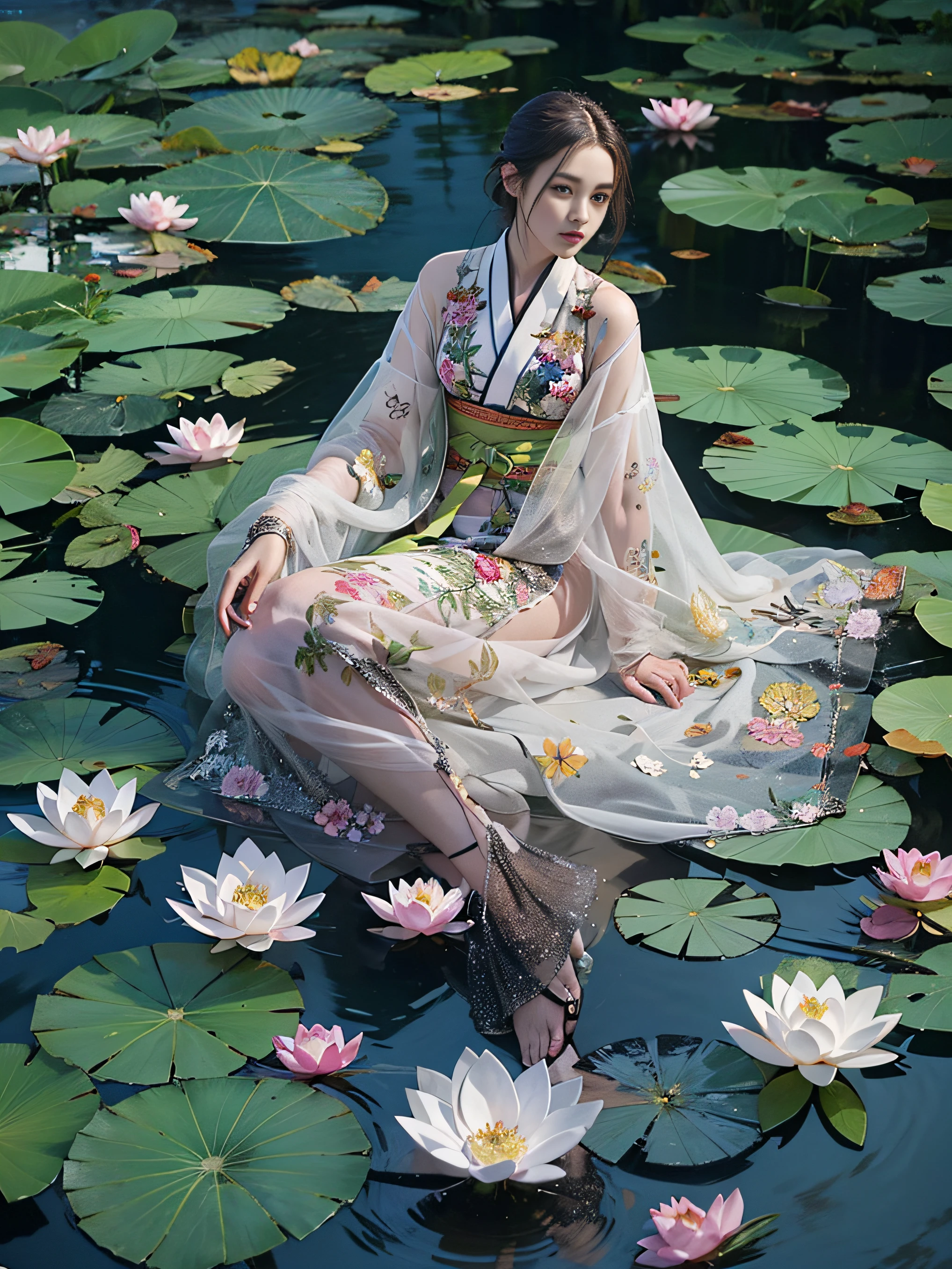 A high-fashion model floats gracefully in a tranquil lotus pond in a chic Hanfu by Yves Saint-Laurent. The image, shot from a top view for AnOther Magazine by Tim Walker, presents a mesmerizing tableau of beauty and tranquillity