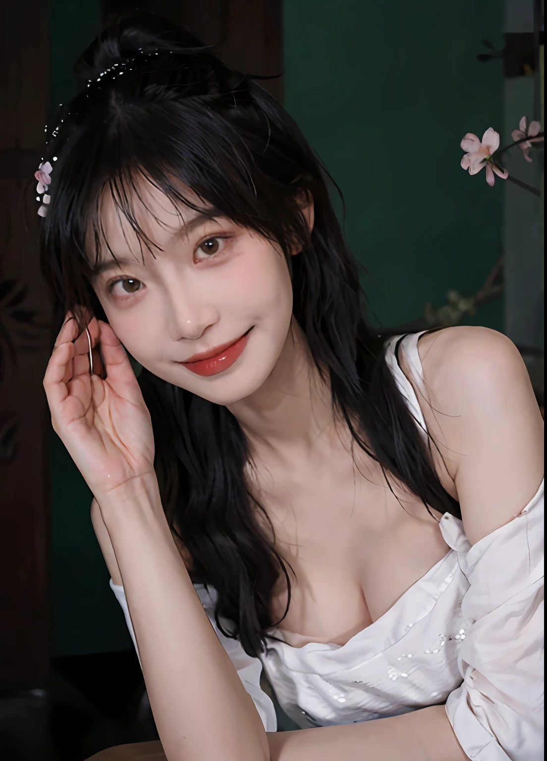 best qualtiy， 超高分辨率， （realisticlying：1.4）， one-girl， A pair of clear and moving peach blossom eyes,Royal Sister，（full bodyesbian：1.2）a sense of atmosphere，a beauty girl， ssmile，（huge tit：1.2），（full bodyesbian：1.2） looking at viewert， closeup cleavage ，Peach Blossom Forest，
