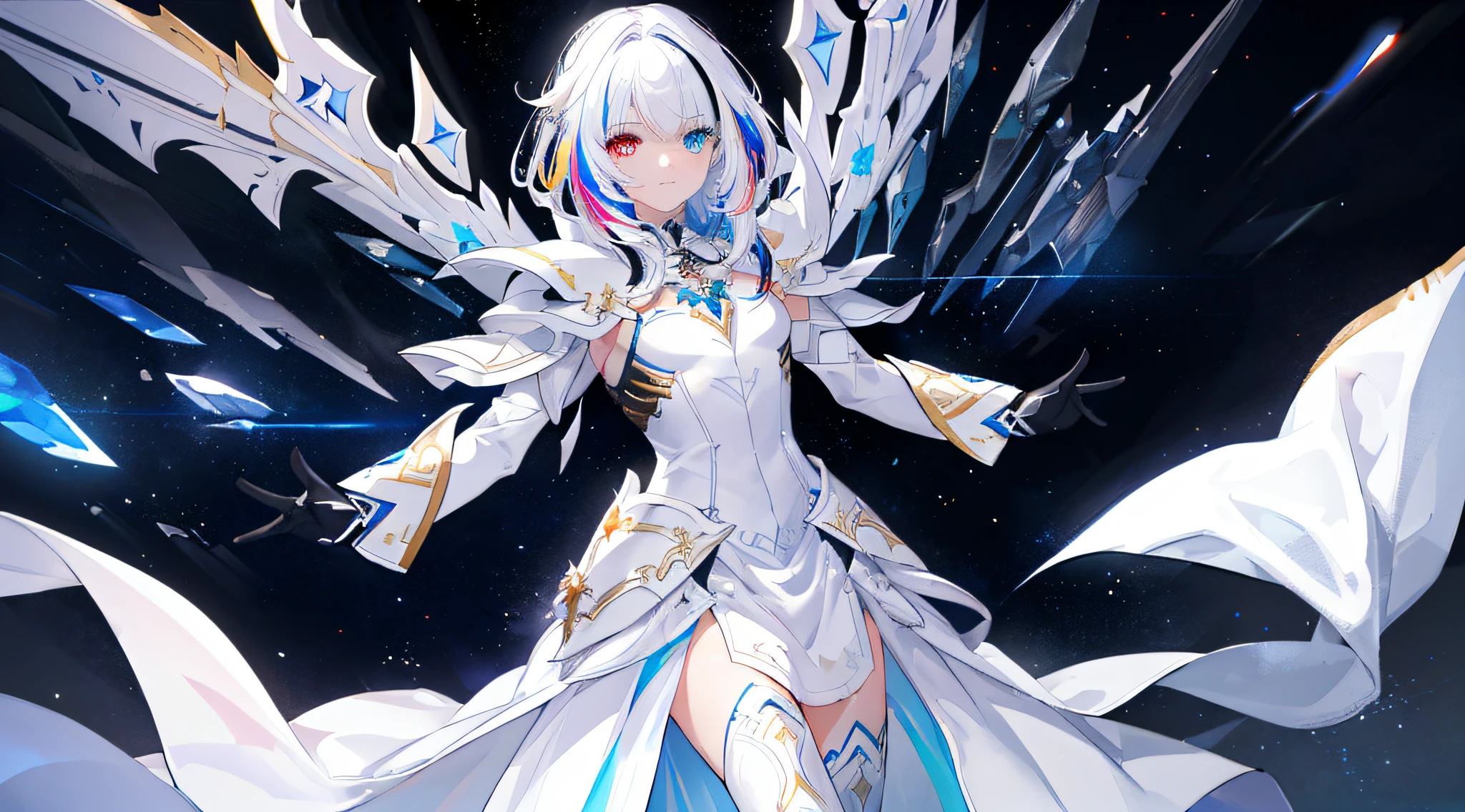 {a man wearing white armor with white cape fighting}}, {{masterpiece}}, best quality, extremely detailed CG unity 8k wallpaper, cinematic lighting, lens flare, beautiful detail eyes, full body, black, multicolor hair, colorful light particles, heterochromia, (colorful:1.5), (colorful hair:1.5),