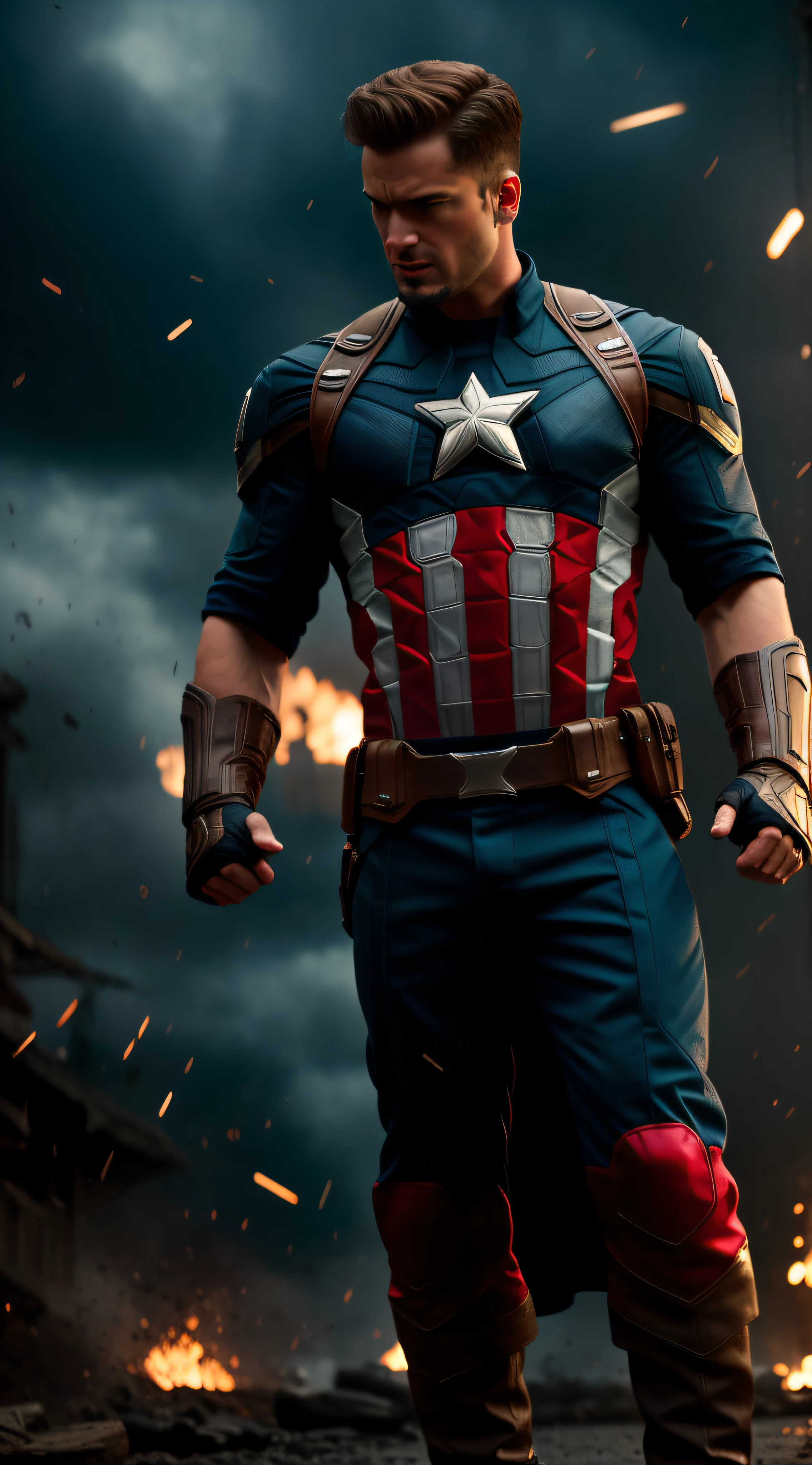 .Estilo Tarantino, Captain America 8k, highes definition, rosto detalhado, rosto detalhado, olhos detalhados, cabelo estilo undercut, traje detalhado, estilo Marvel e DC, Hyper-realistic Gesaffelstein's chase style, fotorrealista, cinematic lighthing, atmosfera escura , volumeric lighting, action pose, epic scene, muitos detalhes finos, estilo de filme, fotografia, texturas naturais, Luz Natural, desfoque natural |, renderizado, cinematic render, ray tracing, max quality, Maximum detail, cinemactic, efeito de desfoque, Long exposure , 8k, ultra-HD, natural  lightting, Moody Lighting, cinematic lighthing, hiper-realista, Vibrando, 8k, detalhado, ultradetalhe,