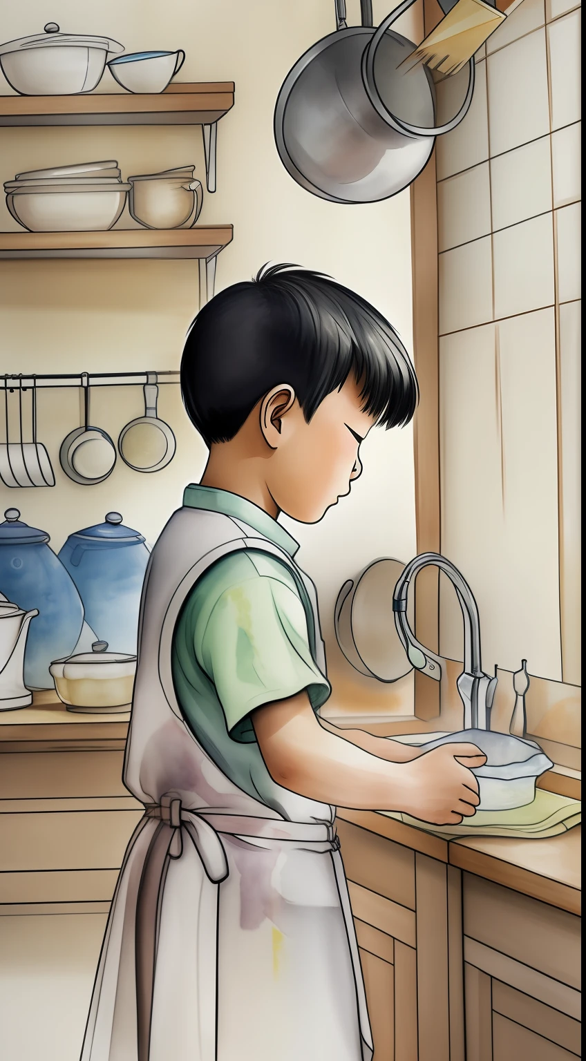 A 10-year-old boy in China，Wear an apron，夏天，Washing dishes in the kitchen，A Shiba Inu squats nearby，Sketch style，aquarelle，high definition detail