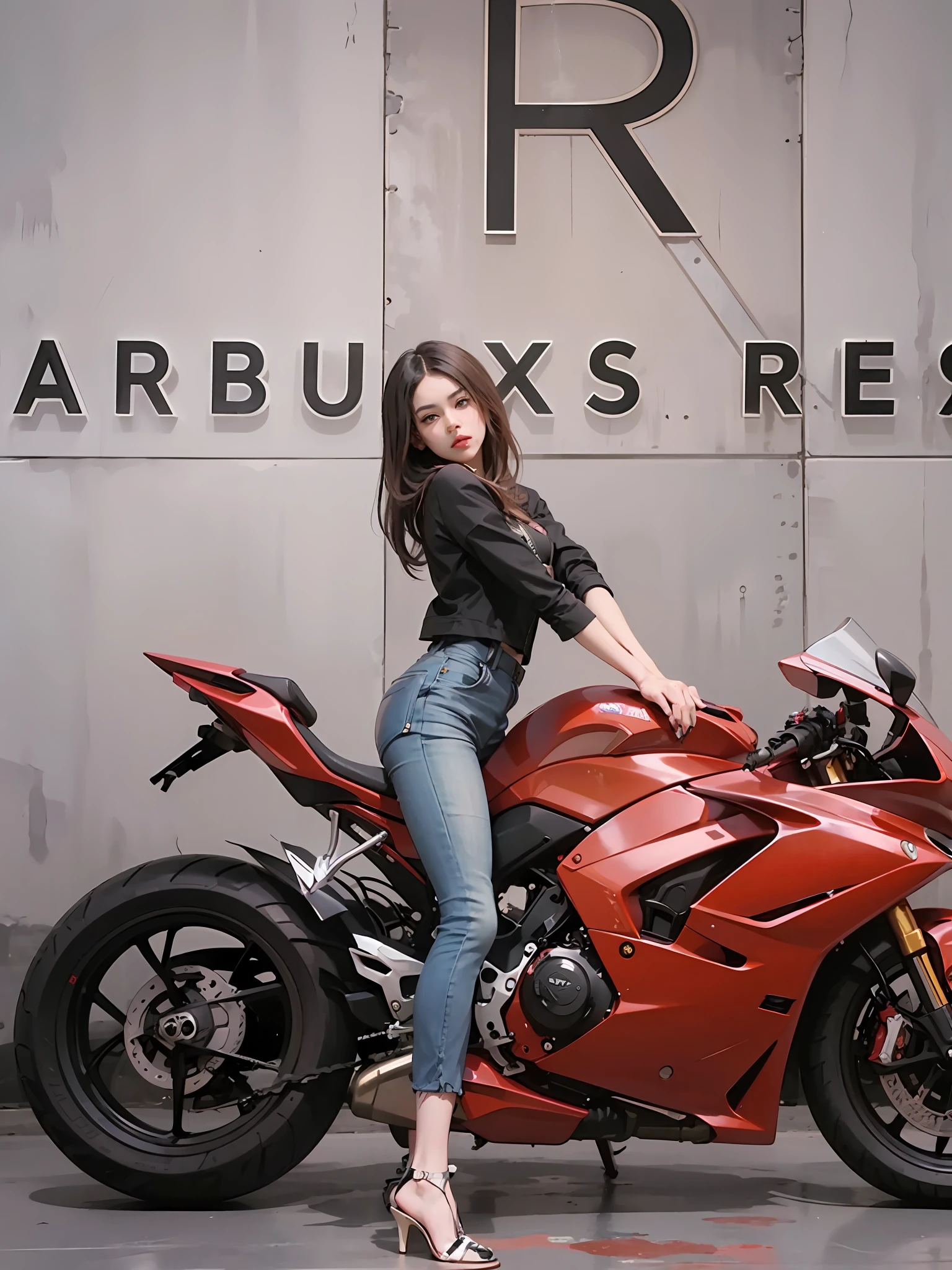 Ala Fox resting woman sitting on a red motorcycle in front of the sign, Motorcycles, motorcycle, R6, miura kentaro style, sitting on cyberpunk motorbike, Julia Salda, 🚿🗝📝, kasumi arimura style 3/4, IG model | Art germ, full-body xianxia, dilraba dilmurat