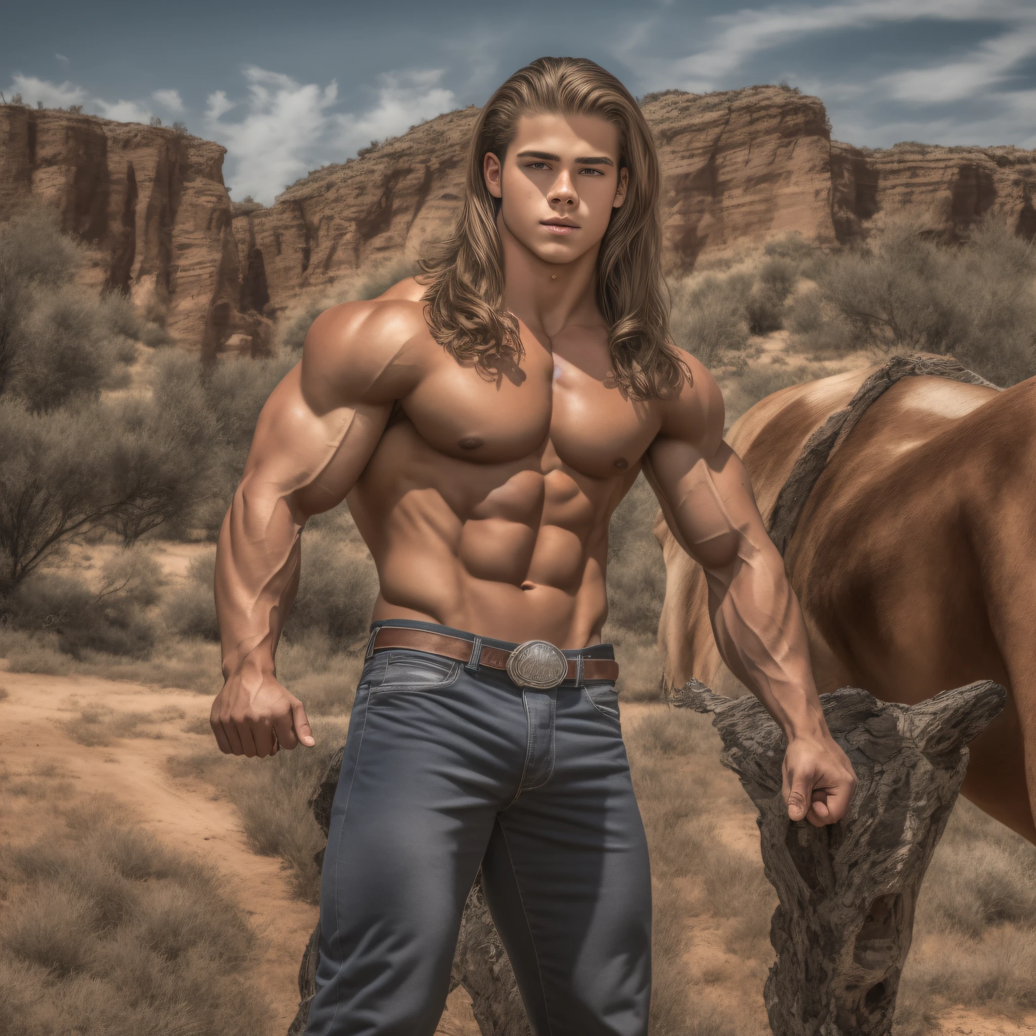 An 18-year-old boy bodybuilder, embodying the perfect fusion of Joey Lawrence and Cody Calafiore with long hair, exuding an aura of strength and confidence. Enhanced with HDR technology, this image depicts a true masterpiece, 4K resolution, cowboy shot