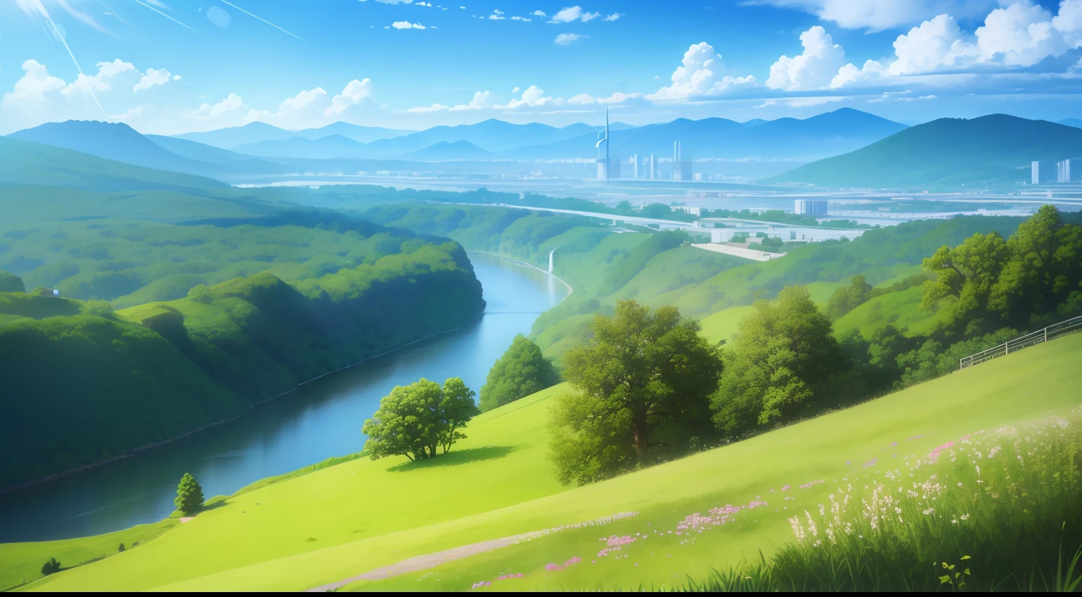 Environmental protection subjects，Manhwa Style，Estilo de Makoto Shinkai，Green Mountains and Green Water，There are cities in the mountains，There are high-rise buildings in the city，In the distant mountains, There are wind turbines，There are cattle and sheep in the meadow，The river is flowing，rays of sunshine，beautful view，The background is mainly green，