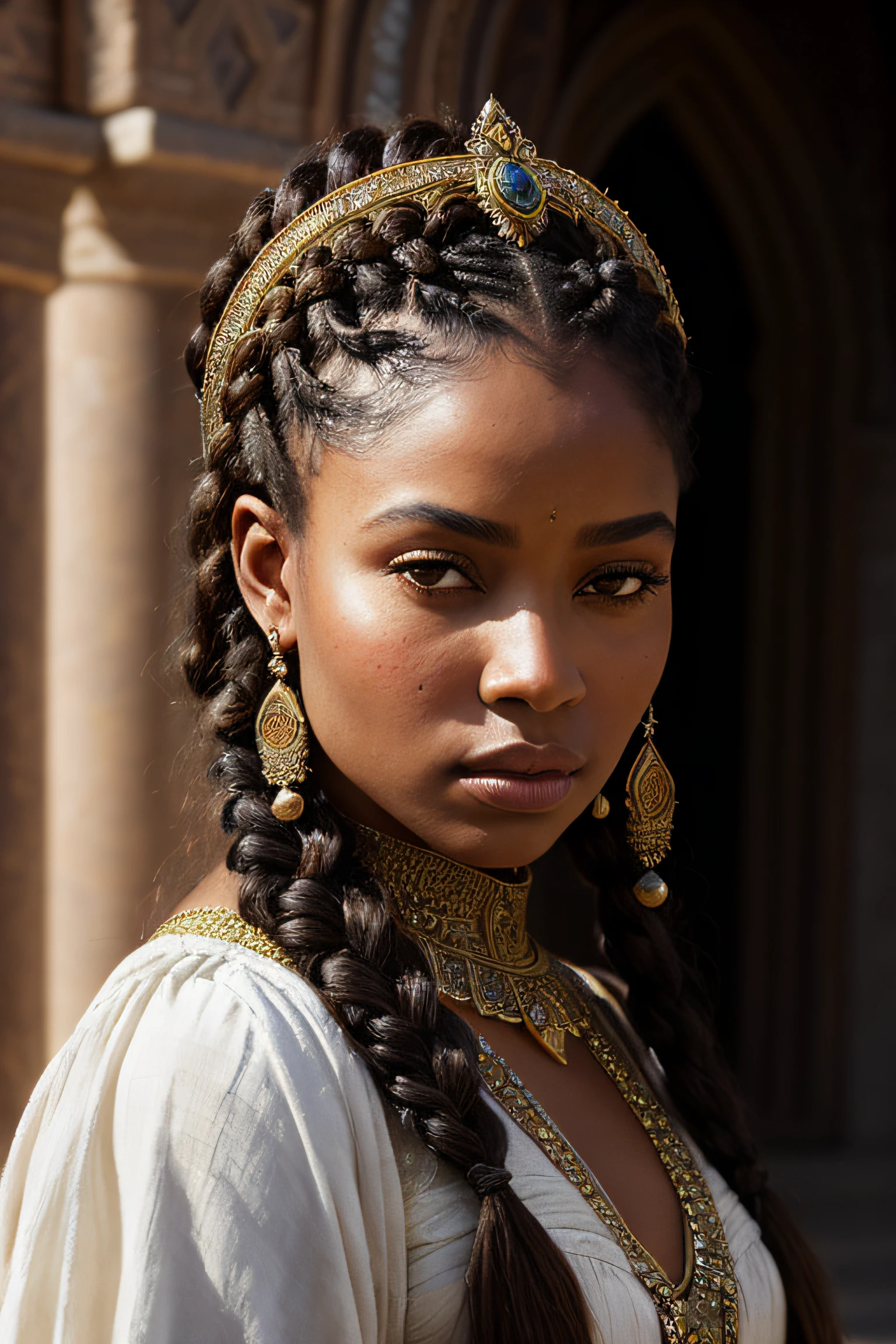 close up portrait of a 22 year-old gorgeous confident blasian dark-skinned medieval fantasy queen, almond-shaped eyes, plump lips, gorgeous hazel-colored eyes, long hair, dutch braids, elaborate hairdo, serious look, steadfast expression, slim, rich regal traditional fantasy north african regal clothes, filigree jewels, in a fantasy north african palace, (backlighting), realistic, masterpiece, highest quality, lens flare, shade, bloom, [[chromatic aberration]], by Jeremy Lipking, by Antonio J. Manzanedo, digital painting