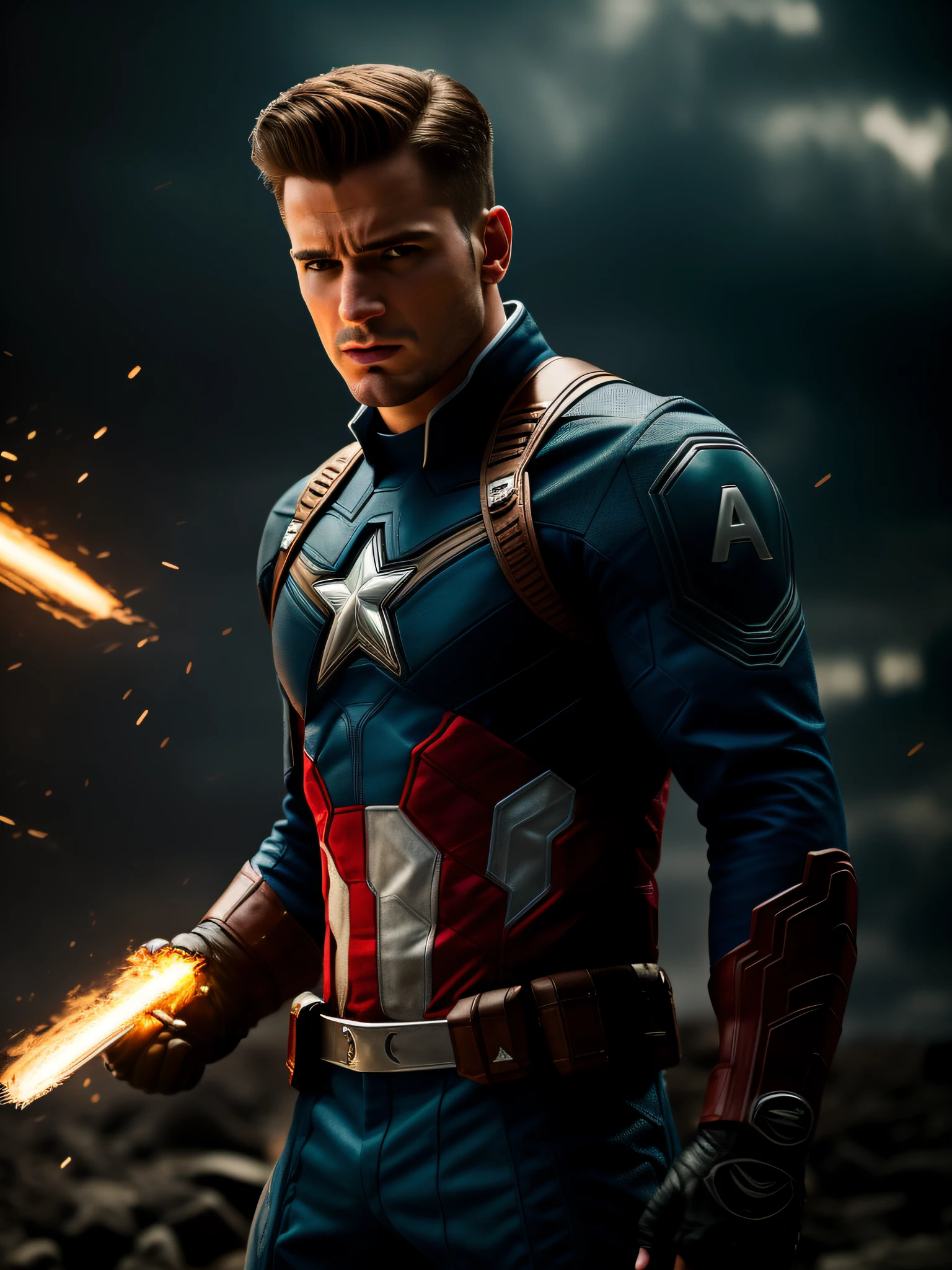 .Estilo Tarantino, Captain America 8k, highes definition, rosto detalhado, rosto detalhado, olhos detalhados, cabelo estilo undercut detalhado, traje detalhado, estilo Marvel e DC, Hyper-realistic Gesaffelstein's chase style, fotorrealista, cinematic lighthing, atmosfera escura , volumeric lighting, action pose, epic scene, muitos detalhes finos, estilo de filme, fotografia, texturas naturais, Luz Natural, desfoque natural |, renderizado, cinematic render, ray tracing, max quality, Maximum detail, cinemactic, efeito de desfoque, Long exposure , 8k, ultra-HD, natural lightting, Moody Lighting, cinematic lighthing, hiper-realista, Vibrando, 8k, detalhado, ultradetalhe,