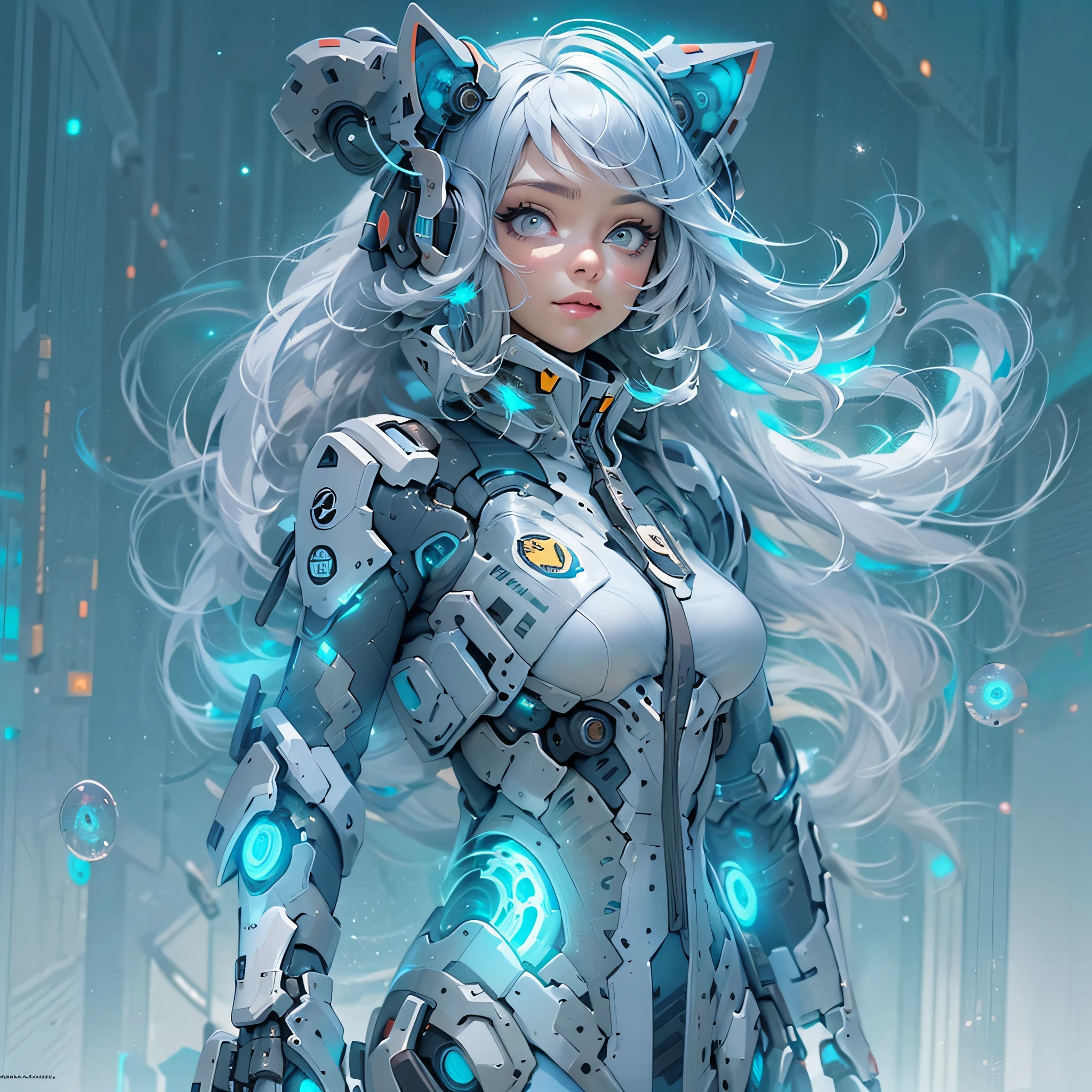 realistic, (master piece, Superior Quality, best quality, Official Art, Beauty and Aesthetics: 1.2), extremely detailed
Appearance:
Lumi is an adorable little anime girl, with soft and expressive features. Her large eyes shine with curiosity and determination, possessing a unique hue of color that oscillates between a celestial blue and a bright cyan.
Her skin is impeccably clear and smooth, giving off an air of innocence and youth. With rosy cheeks and a sweet smile, she wins the hearts of everyone who meets her.
Hair:
Her hair is a true work of art. Long and silky, it cascades over your shoulders in a gradient of futuristic colors.
The root is in an elegant silver tone that blends smoothly with shades of blue and violet, reminiscent of the galaxy in full motion. Two long locks frame her face, creating a delicate contrast with her kitten ears, which are shyly hidden among the colored strands.
Clothing:
Lumi is "connected" to her mecha through a tech suit that blends cute anime aesthetics with high-tech elements. She wears a special outfit, almost like a space suit, with shades of cyan blue and shimmering silver accents. A quilted coat, with a pattern of stars and gears, wraps around her body, protecting her.
a during their exciting adventures.
Underneath the coat, she wears a long-sleeved T-shirt, also in shades of blue, adorned with robotic symbols and subtly flashing LED lights, adding a futuristic touch to her look. His fitted pants have a holographic effect, creating an illusion of constant movement.
On the feet,
Lumi wears sturdy, high-tech boots designed to keep her stable even over rough terrain or in the midst of battles against massive enemies. These boots also have small, hidden turbines, allowing it to glide for short distances when needed.
The Mech:
The mecha Lumi is attached to is a combination of state-of-the-art robotic engineering and captivating design. The mecha's head is shaped like a cat, with sharp ears and glowing eyes that reflect Lumi's