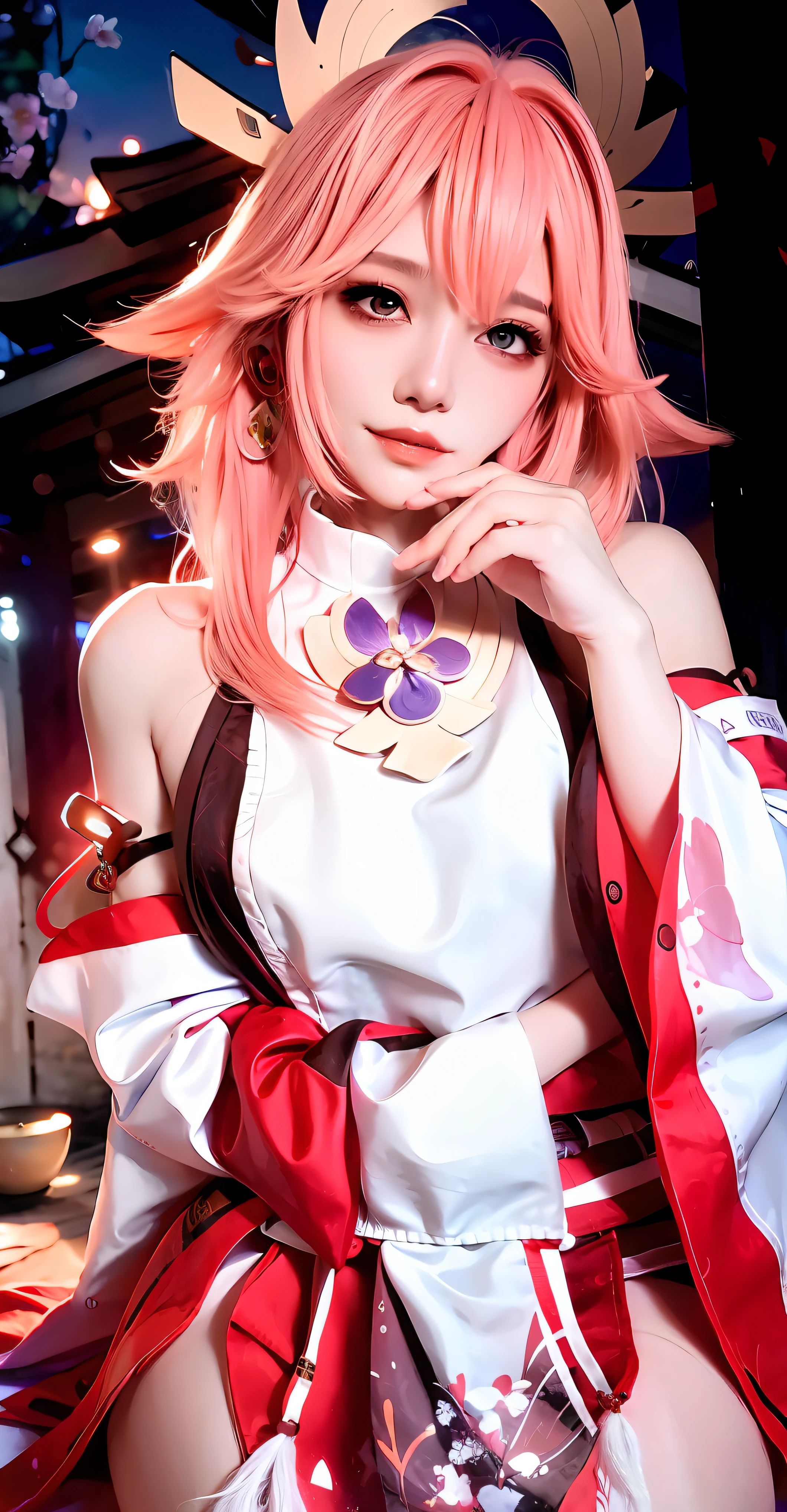1girl, (ulzzang-6500:0.7), kpop idol, yae miko, detached sleeves, bare shoulders, pink hair, long hair, japanese clothes, best quality, (painting:1.5), (hair ornament:1.35), jewelry, purple eyes, earrings, breasts, torii, cherry blossoms, lantern light, depth of field, detailed face, face focus, ribbon_trim, (looking at viewer:1.25), nontraditional miko, shiny skin, long sleeves, smile, thick lips, game cg, hands on lips, east asian architecture, (blurry background:1.2), sitting, upper body,