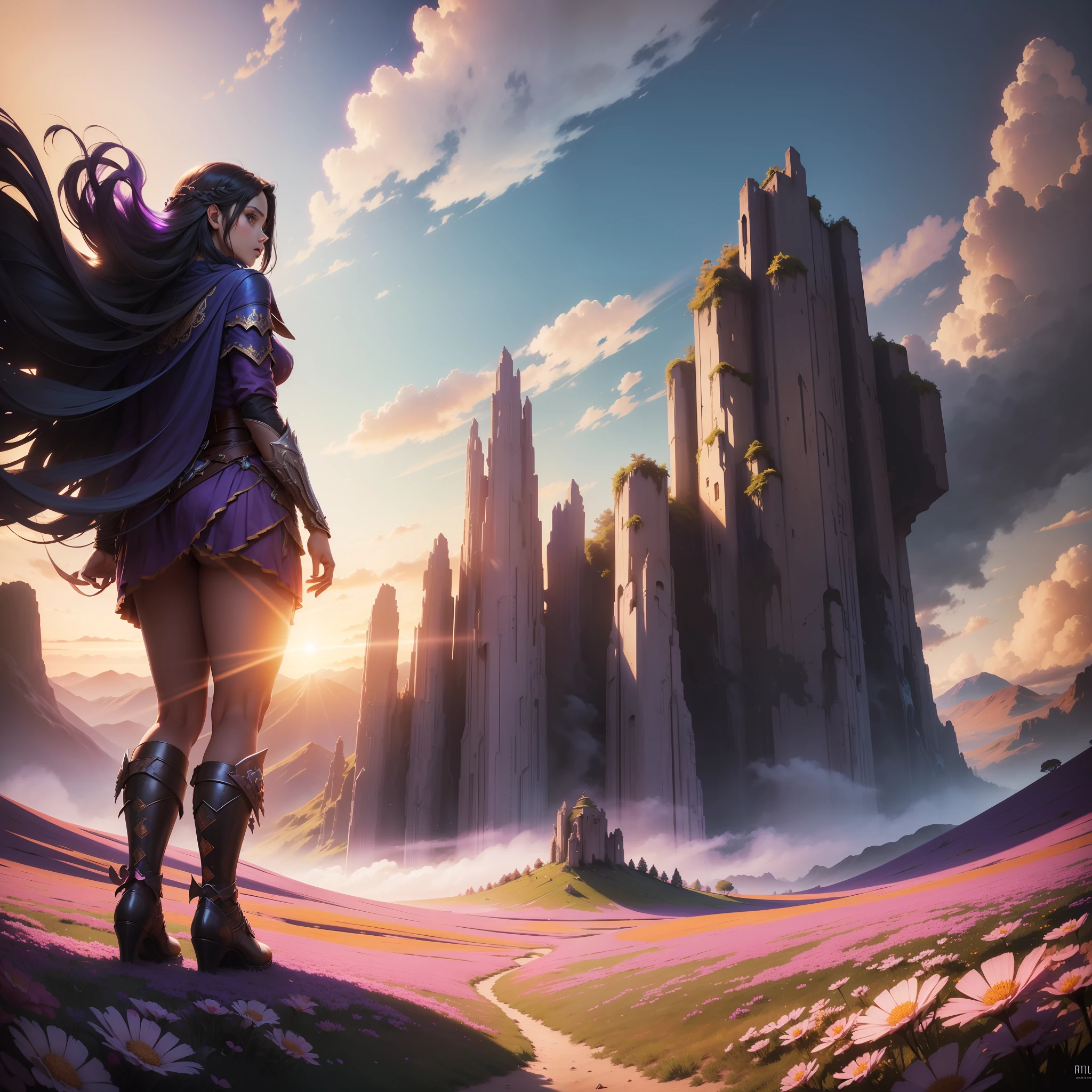 expansive landscape photography, (a view from below that shows the sky above and open field below), a girl standing in the field of flowers looking up, bright sunny day (clouds: 1.2), distant mountain, tree BREAK production art, very purple and orange, intricate details, volumetric lighting, realism BREAK (masterpiece:1.2), detailed shadows, (best quality), 4k, ultra-detailed, (dynamic composition:1.4), highly detailed color details,(iridescent colors:1.2), (bright lighting, atmospheric lighting), dreamy, magical, (solo:1.2)