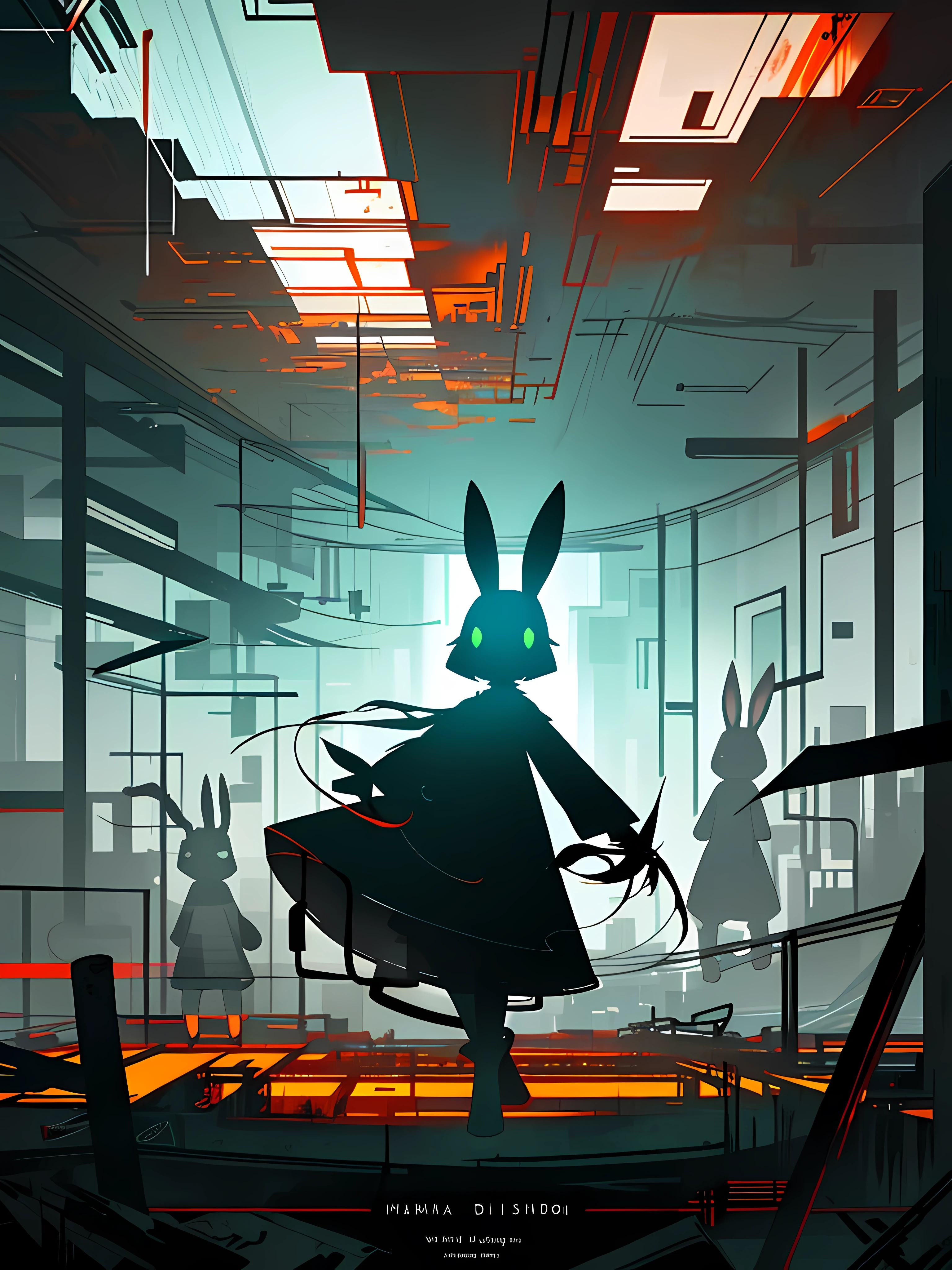 (blame! style abandoned tech landscape), (Zen, Amy Sol style), (underground, dark, foggy, perilous, abandoned dystopian apartment bedroom, deep windows), (abstract anthro rabbit figure wearing bunny ears), cover art with light abstraction, abstract, simple vector art, contemporary Cybernetic art, color gradients, soft color palettes, layered forms, whimsical animation, style Ethereal abstract, 4K, --v6