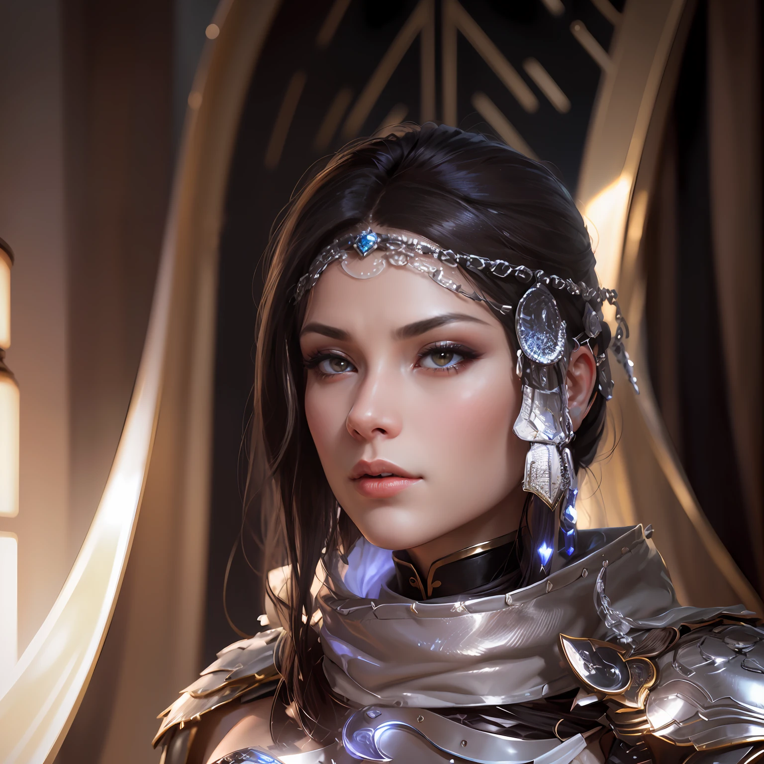 a close up of a woman with a silver outfit and a scarf, character close up, close up character, 8 k character details, female character, character close-up, highly detailed character, inspired by Li Mei-shu, with very highly detailed face, hyperdetailed fantasy character, valkyrie style character, 8k portrait render, unreal 5. rpg portrait