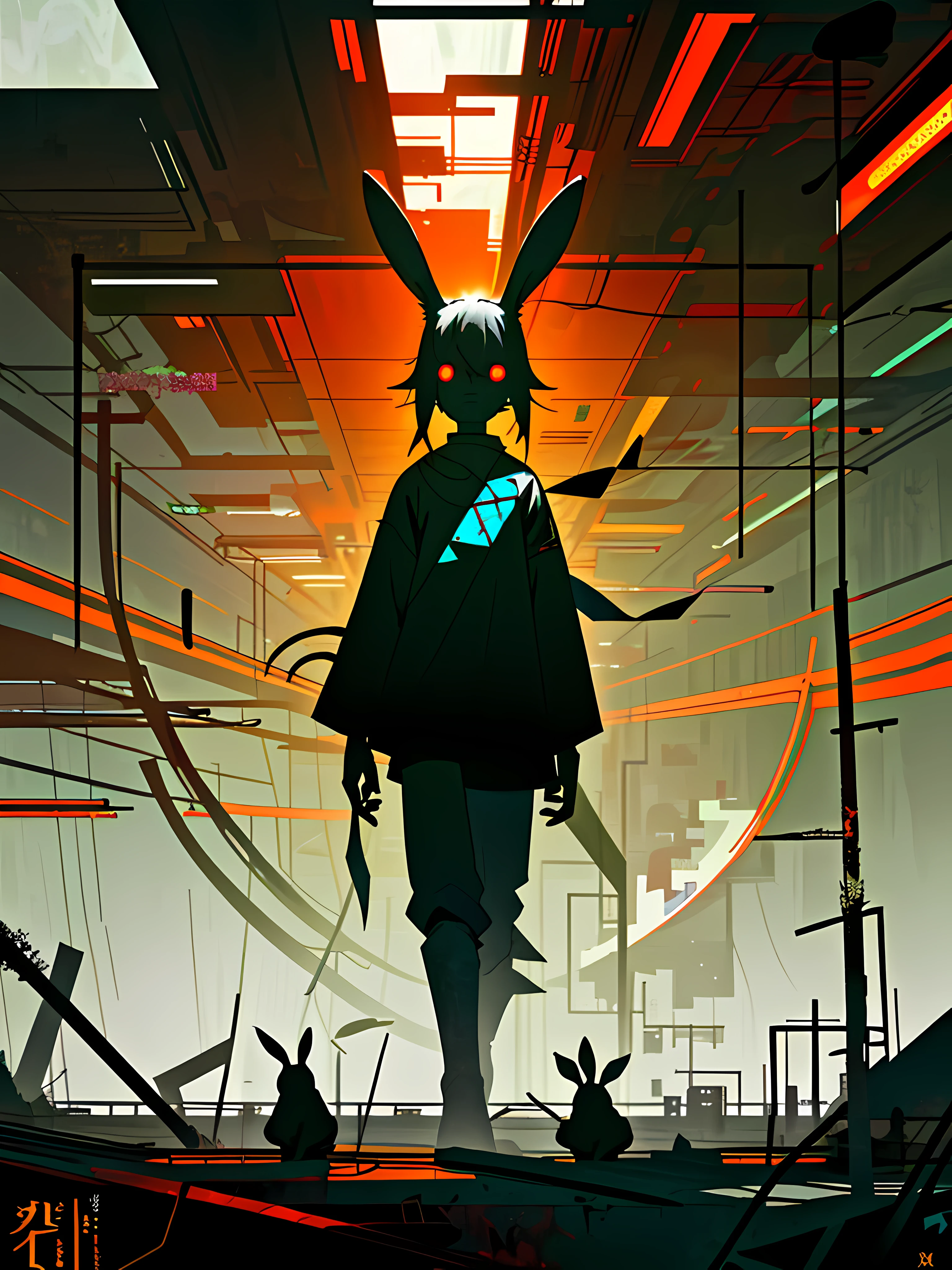 (blame! style abandoned tech landscape), (Zen, Amy Sol style), (underground, dark, foggy, perilous, abandoned dystopian apartment bedroom, deep windows), (abstract anthro rabbit figure wearing bunny ears), cover art with light abstraction, abstract, simple vector art, contemporary Cybernetic art, color gradients, soft color palettes, layered forms, whimsical animation, style Ethereal abstract, 4K, --v6