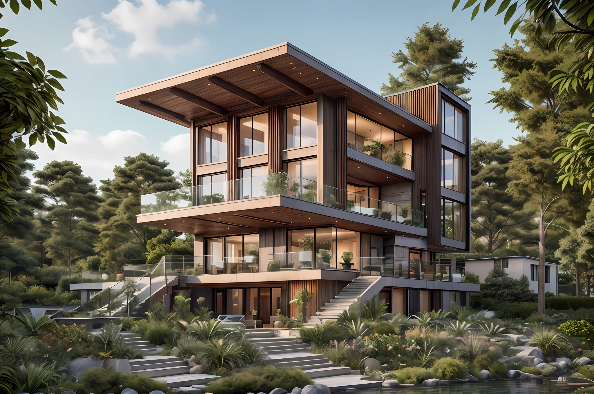 mordenhouse, house, glass house with a sloping roof, modern, trees, plants, people, dynamic (RAW photo, real, best quality, masterpiece:1.2), (hyper realistic, photo-realistic:1.2), high quality, (dark lighting:1.2), perfect lighting, archdaily