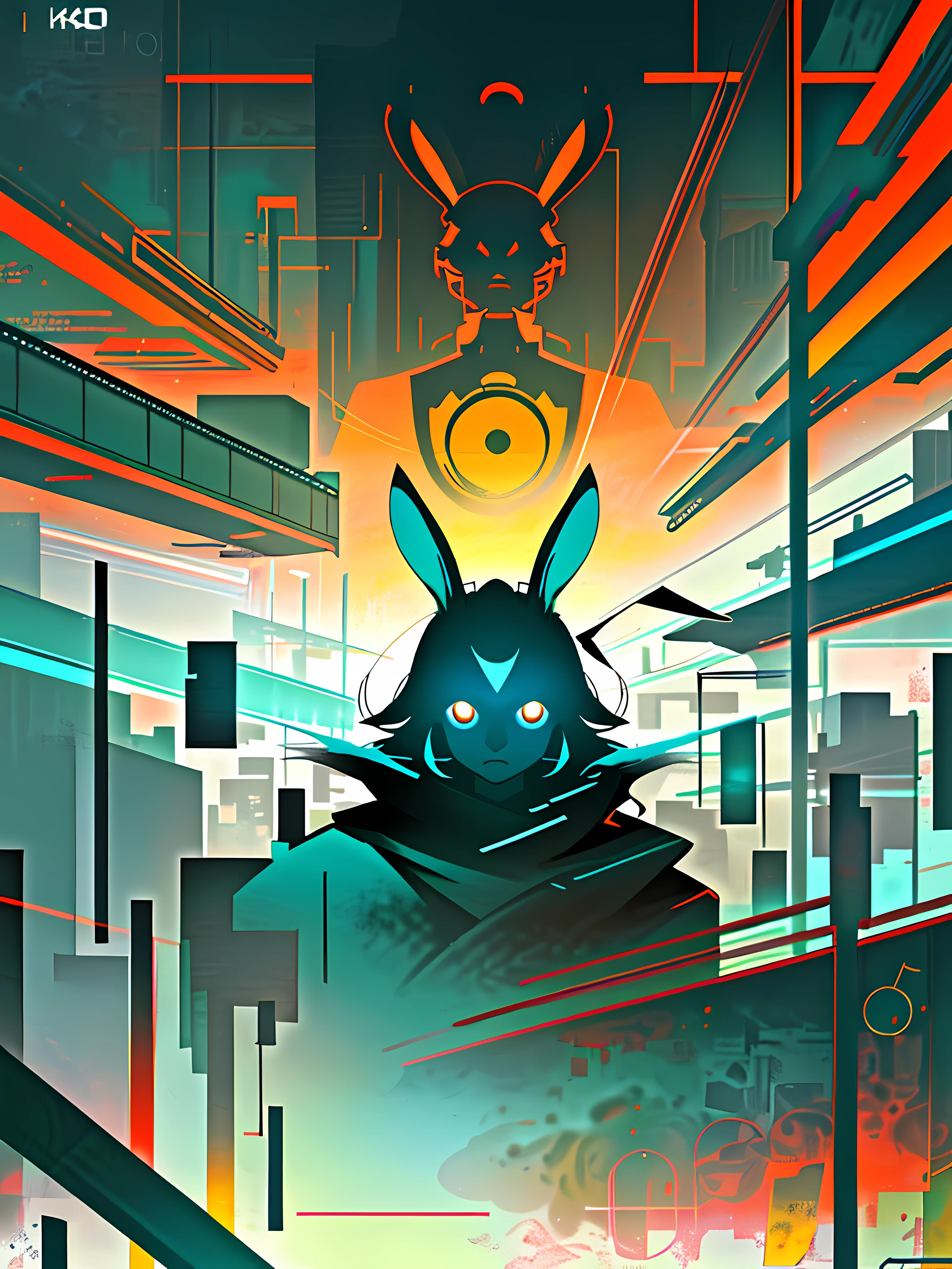 (blame! style abandoned tech landscape), (Zen, Amy Sol style), (underground, dark, foggy, perilous, abandoned dystopian apartment bedroom, deep windows), (abstract anthro rabbit figure wearing bunny ears), cover art with light abstraction, abstract, simple vector art, contemporary Cybernetic art, color gradients, soft color palettes, layered forms, whimsical animation, style Ethereal abstract, 4K, --v6