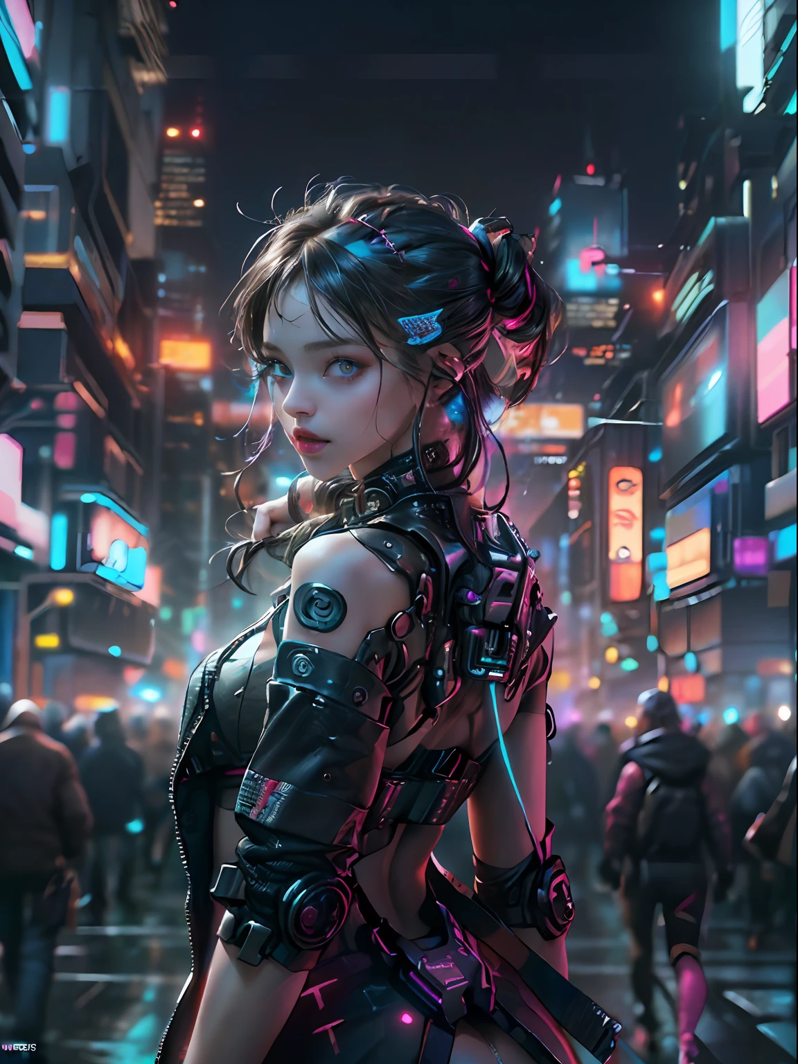 cyber punk Girl,(top-quality、8K、32K、​masterpiece、nffsw:1.3)、(The ultra -The high-definition)、(Photorealsitic:1.4)、Raw photography,Perfect eyes,Charming perfect figure,actionpose:1.2,Detailed cyberpunk fashion、World of Cyberpunk,depth of fields,blurry backround,、