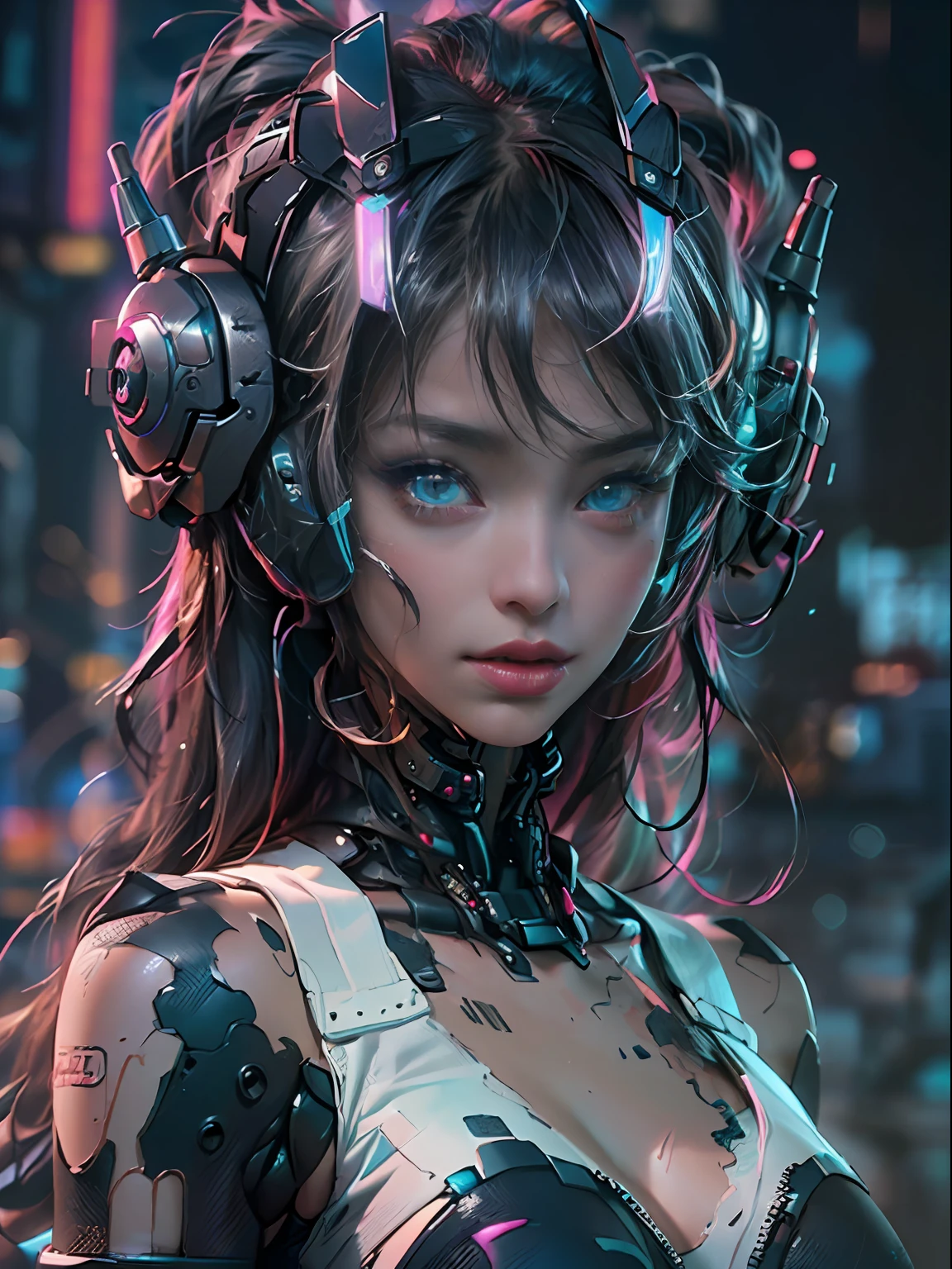 cyber punk Girl,(top-quality、8K、32K、masterpiece、nffsw:1.3)、(The ultra -The high-definition)、(Photorealsitic:1.4)、Raw photography,Perfect eyes,Charming perfect figure,actionpose:1.2,Detailed cyberpunk fashion、World of Cyberpunk,depth of fields,blurry backround,、