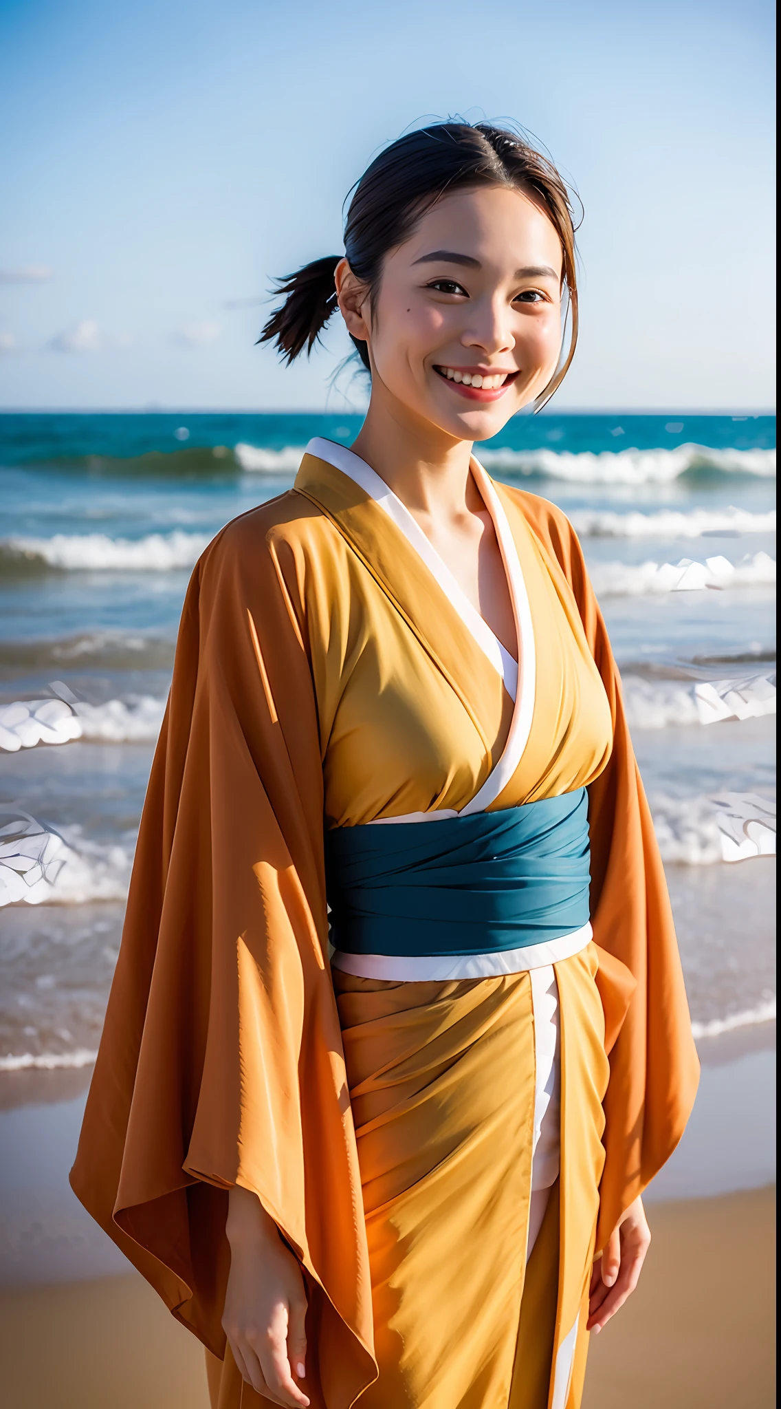beautiful japanese female、Vivid kimono、top-quality、masterpiece、超A high resolution、Photorealsitic、Look at the horizon、A smile、Blurred background