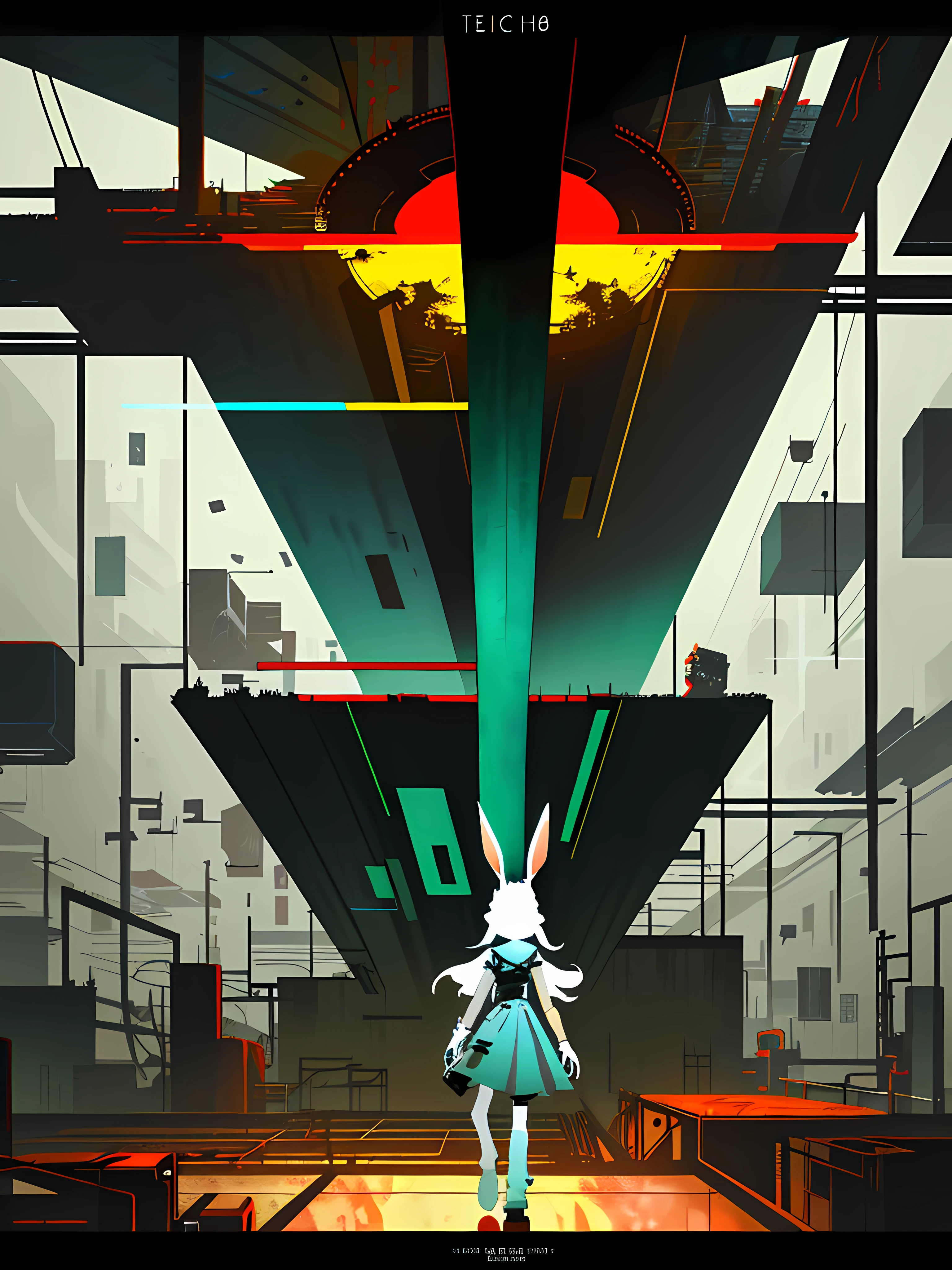(blame! style abandoned tech landscape), (Zen, Amy Sol style), (underground, dark, foggy, perilous, abandoned dystopian apartment bedroom, deep windows), (abstract anthro rabbit figure wearing bunny ears), cover art with light abstraction, abstract, simple vector art, contemporary Cybernetic art, color gradients, soft color palettes, layered forms, whimsical animation, style Ethereal abstract, 4K, --v6